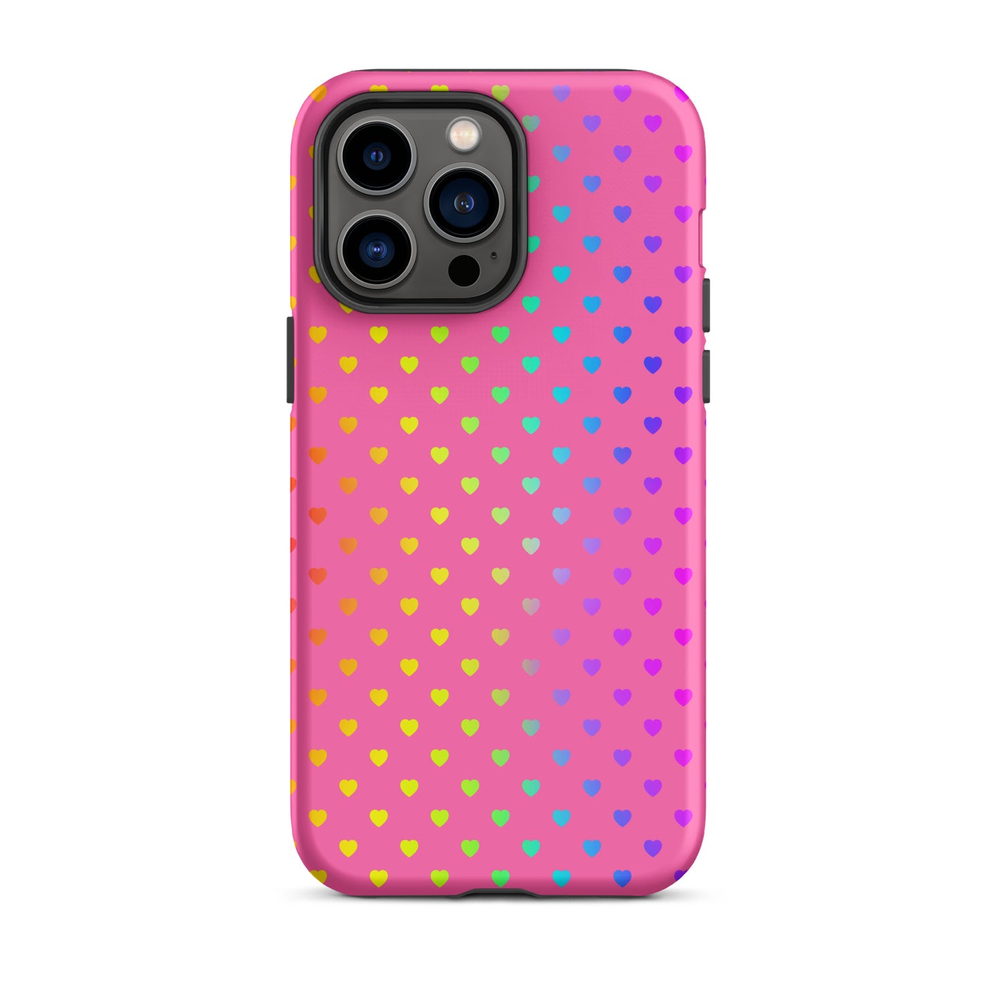 Phone Case for iPhone with cute rainbow hearts on pink background, dual-layer protection, colorful and playful design