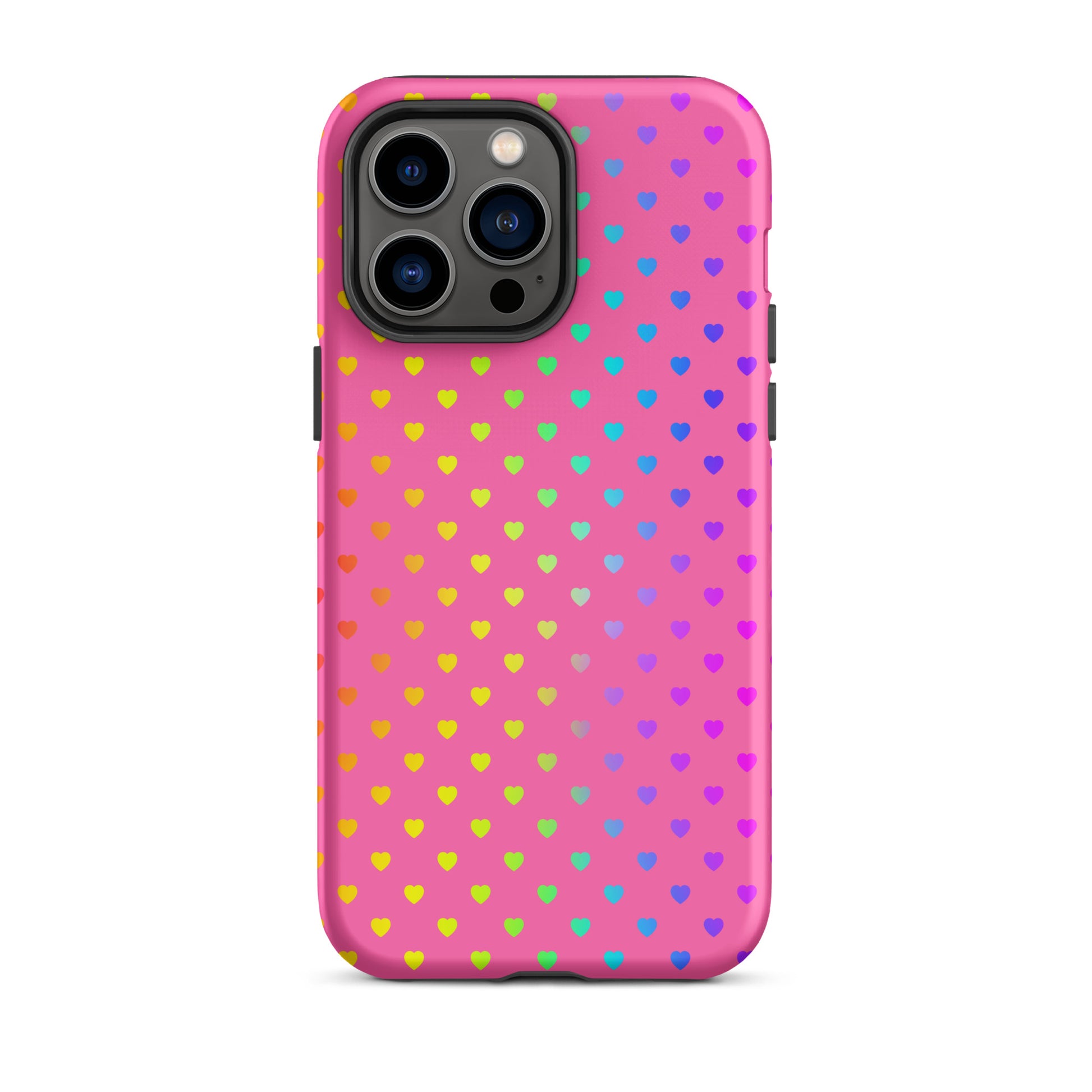 Phone Case for iPhone with cute rainbow hearts on pink background, dual-layer protection, colorful and playful design