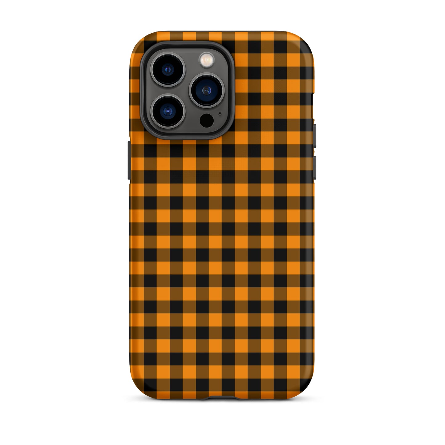 Black-and-orange gingham Autumn pattern phone case for iPhone, offering stylish design and durability.