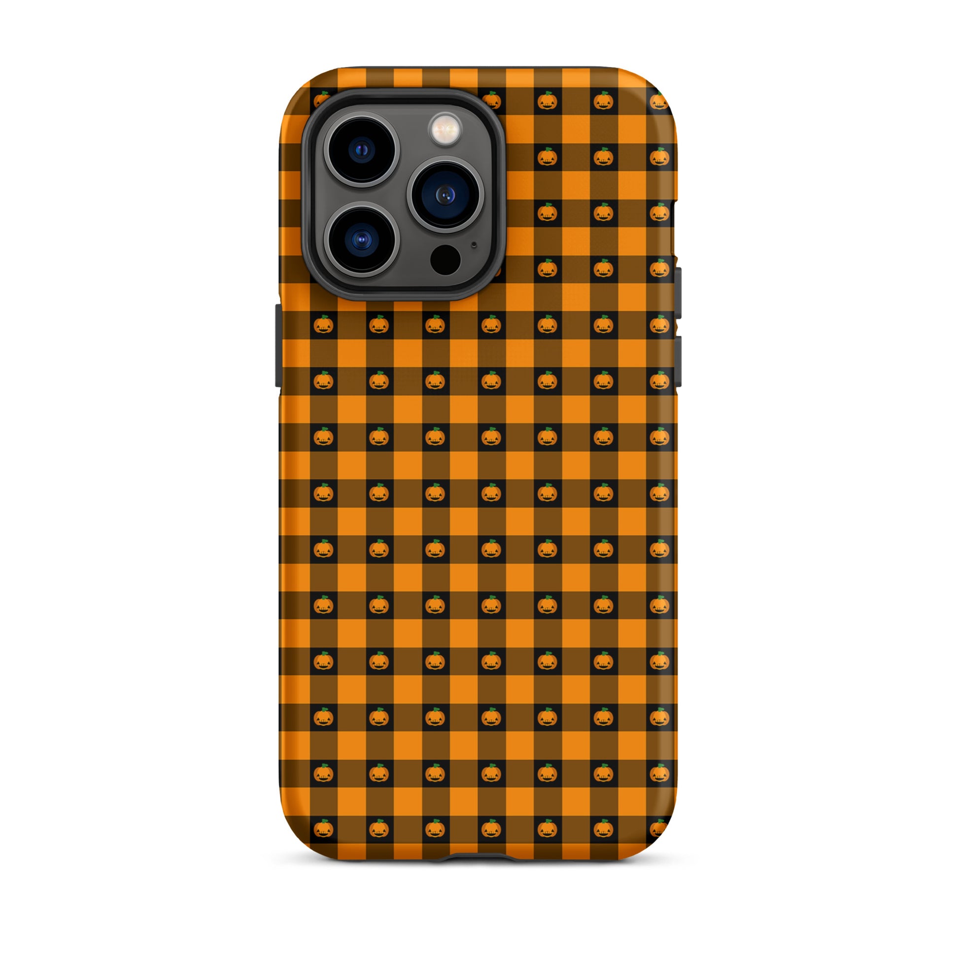 Phone Case for iPhone - Playful Pumpkin Gingham Halloween design with jack-o’-lantern faces on a checkered pattern.