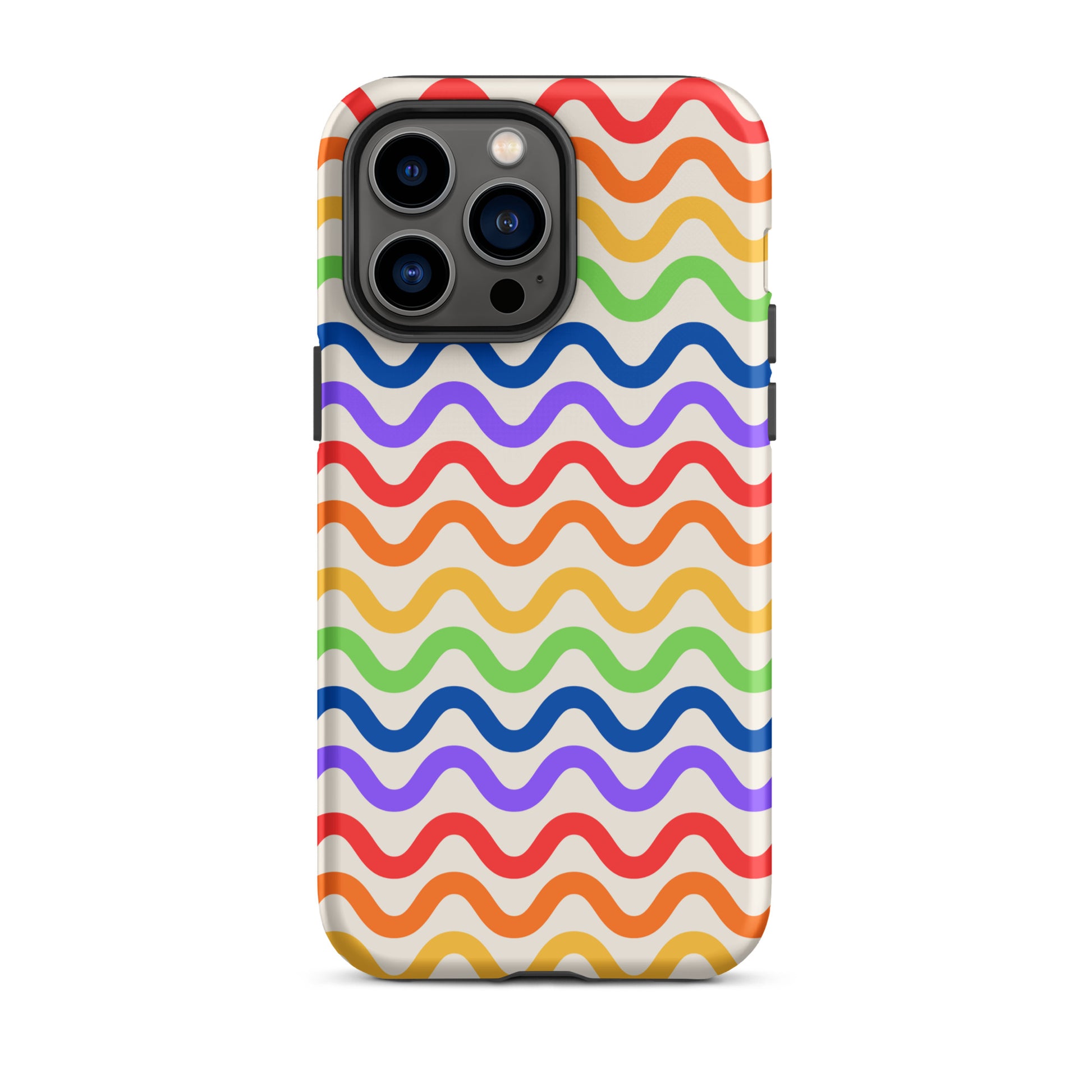 Phone Case for iPhone with wavy rainbow pattern in a tough and playful style, featuring vibrant colors on a white backdrop.
