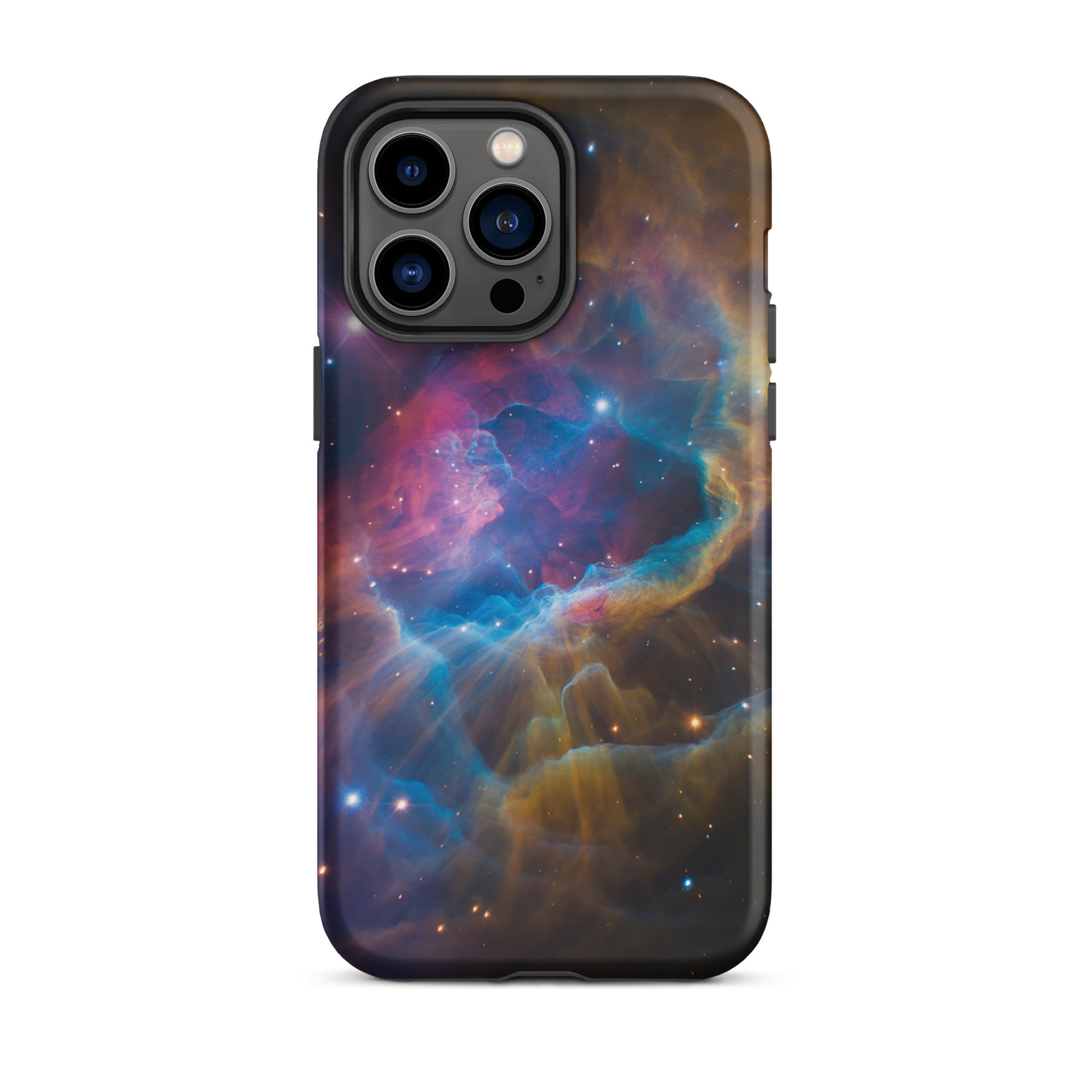 Phone Case for iPhone with nebula cosmic starburst design, featuring electric blues, fiery oranges, and dreamy pinks on a dreamy backdrop.