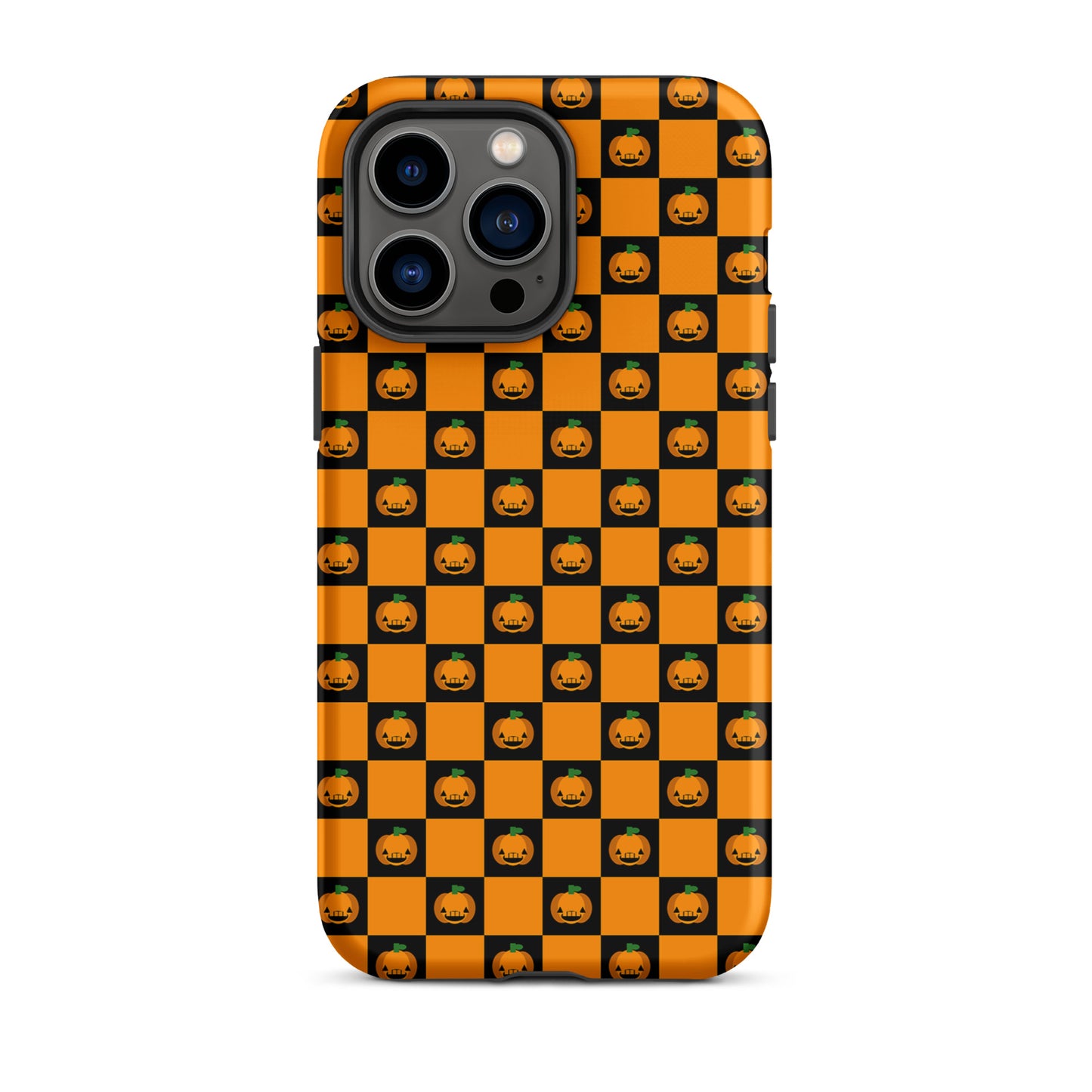 Phone Case for iPhone with playful pumpkin checkered Halloween design, featuring orange and black squares with jack-o'-lantern faces.