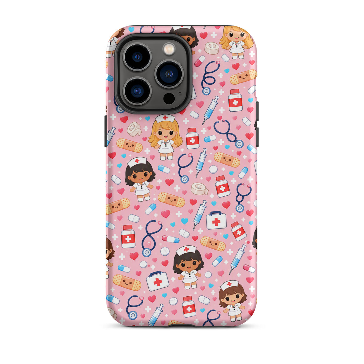 Phone Case with kawaii nurse medical pattern on a light pink background