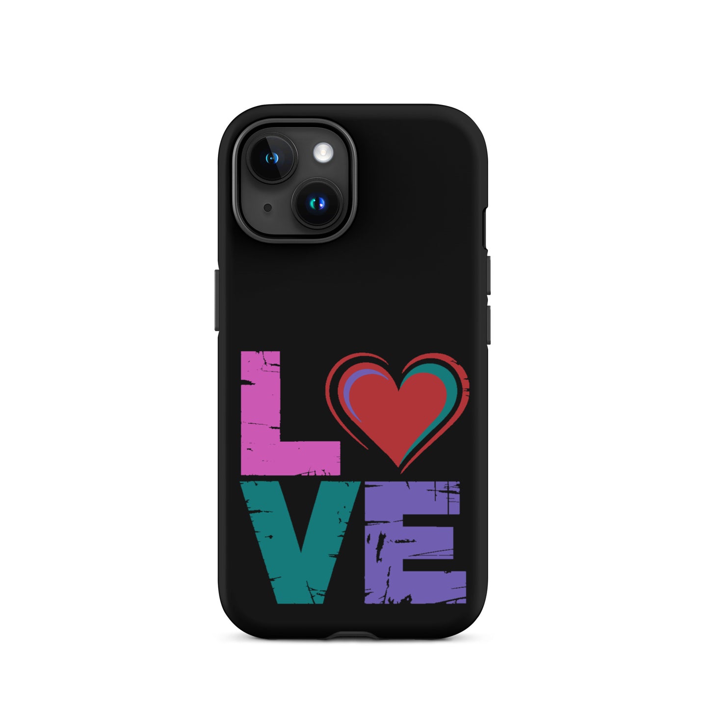 Love Tough Dual Layered Case for iPhones featuring colorful love design with heart.