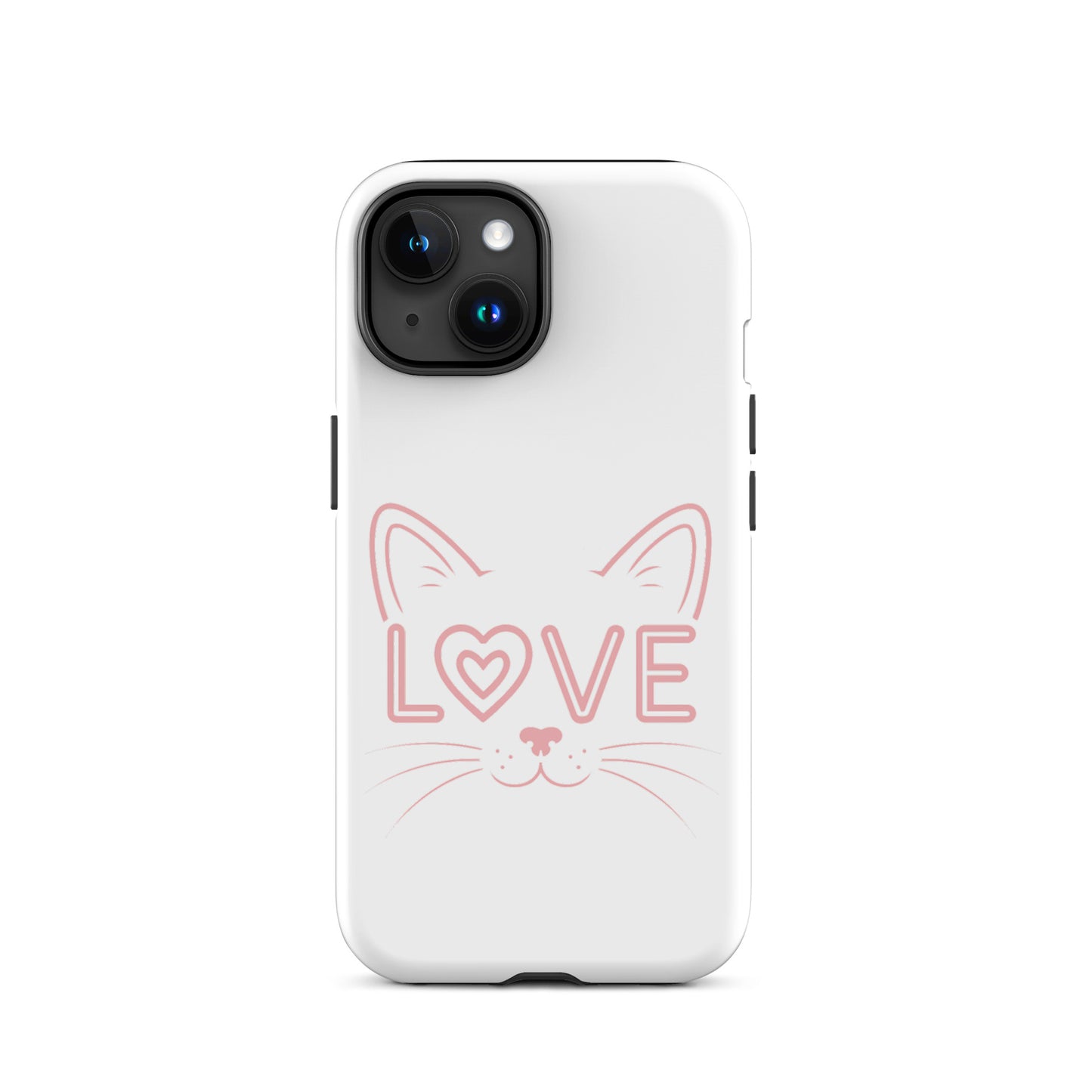 Cat Love phone case featuring a minimalist cat face outline with the word 'LOVE' in pink.
