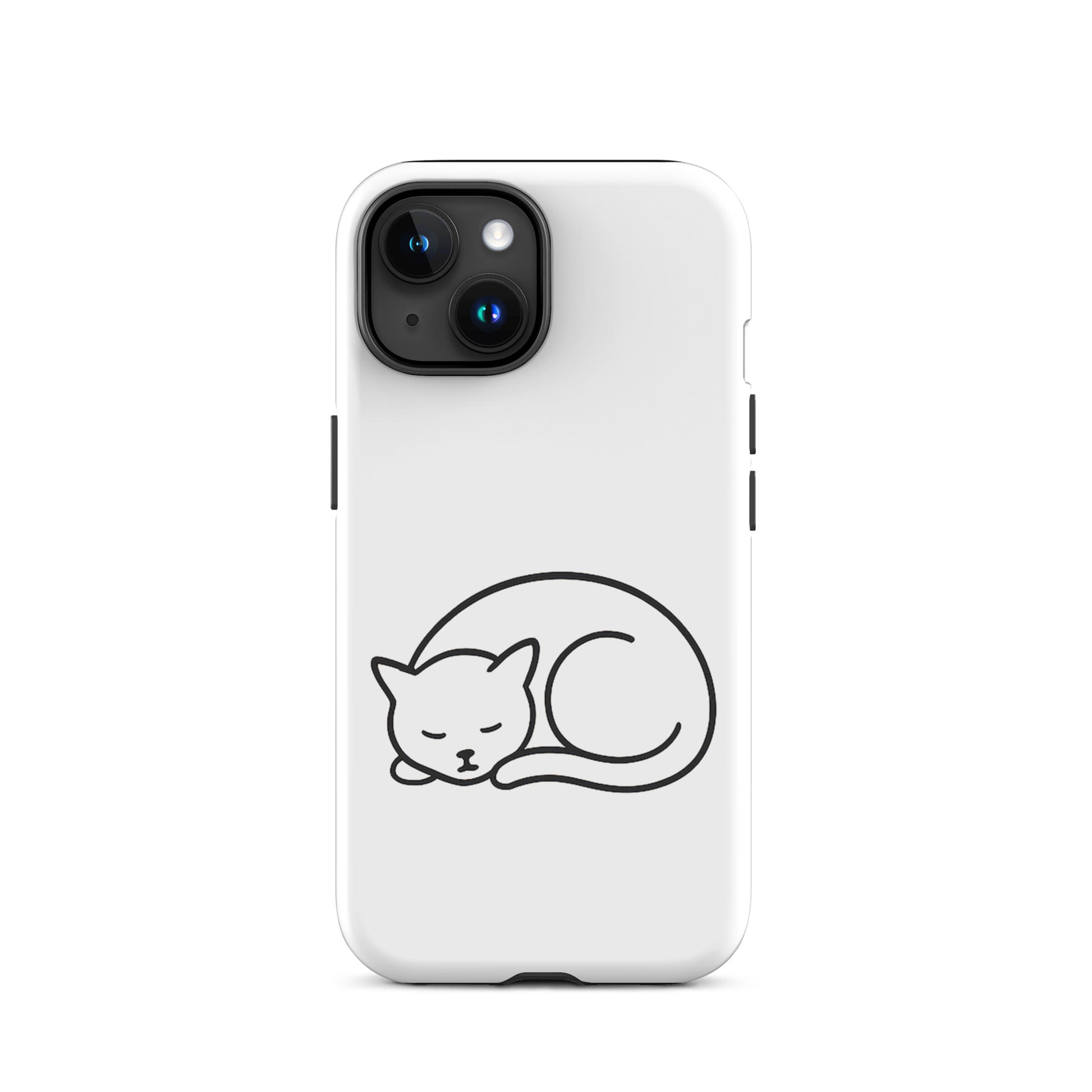 Phone case for iPhone featuring a minimalist curled-up cat design on a white background.