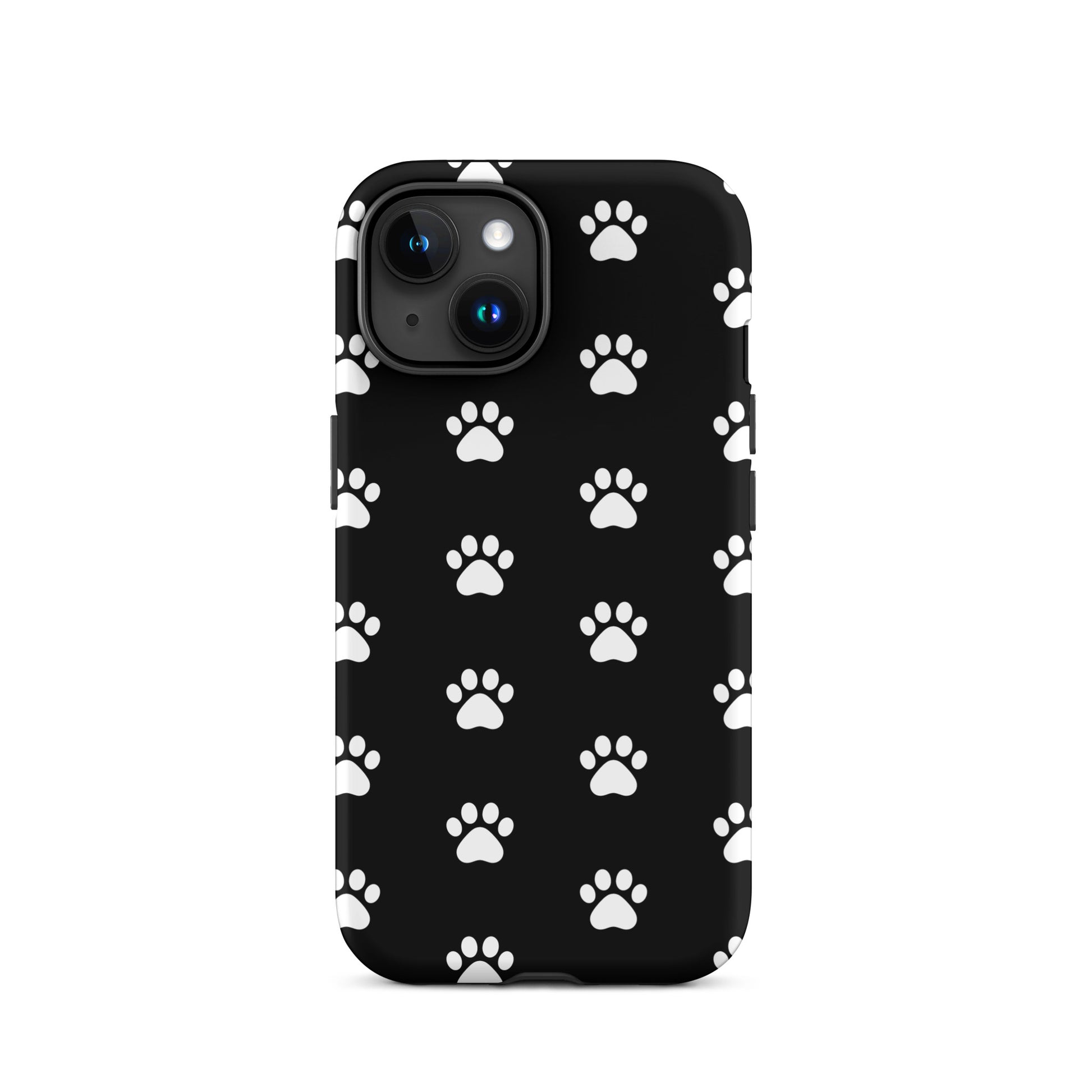 Phone Case for iPhone with stylish black design featuring repeating white paw prints, perfect for pet lovers.