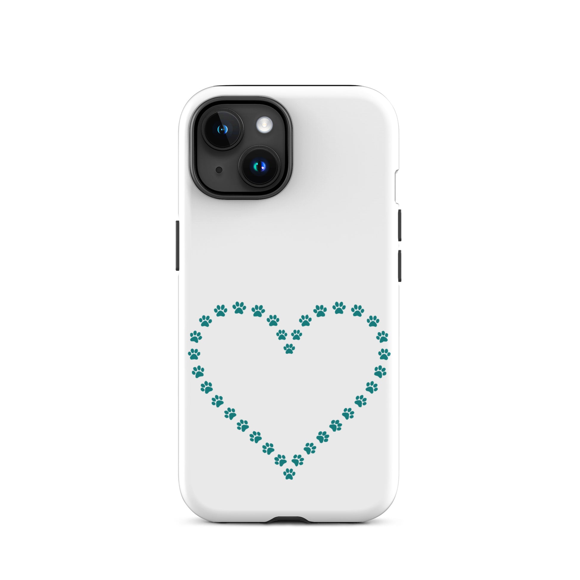 Phone Case for iPhone featuring a cute heart design made of teal paw prints, perfect for pet lovers.