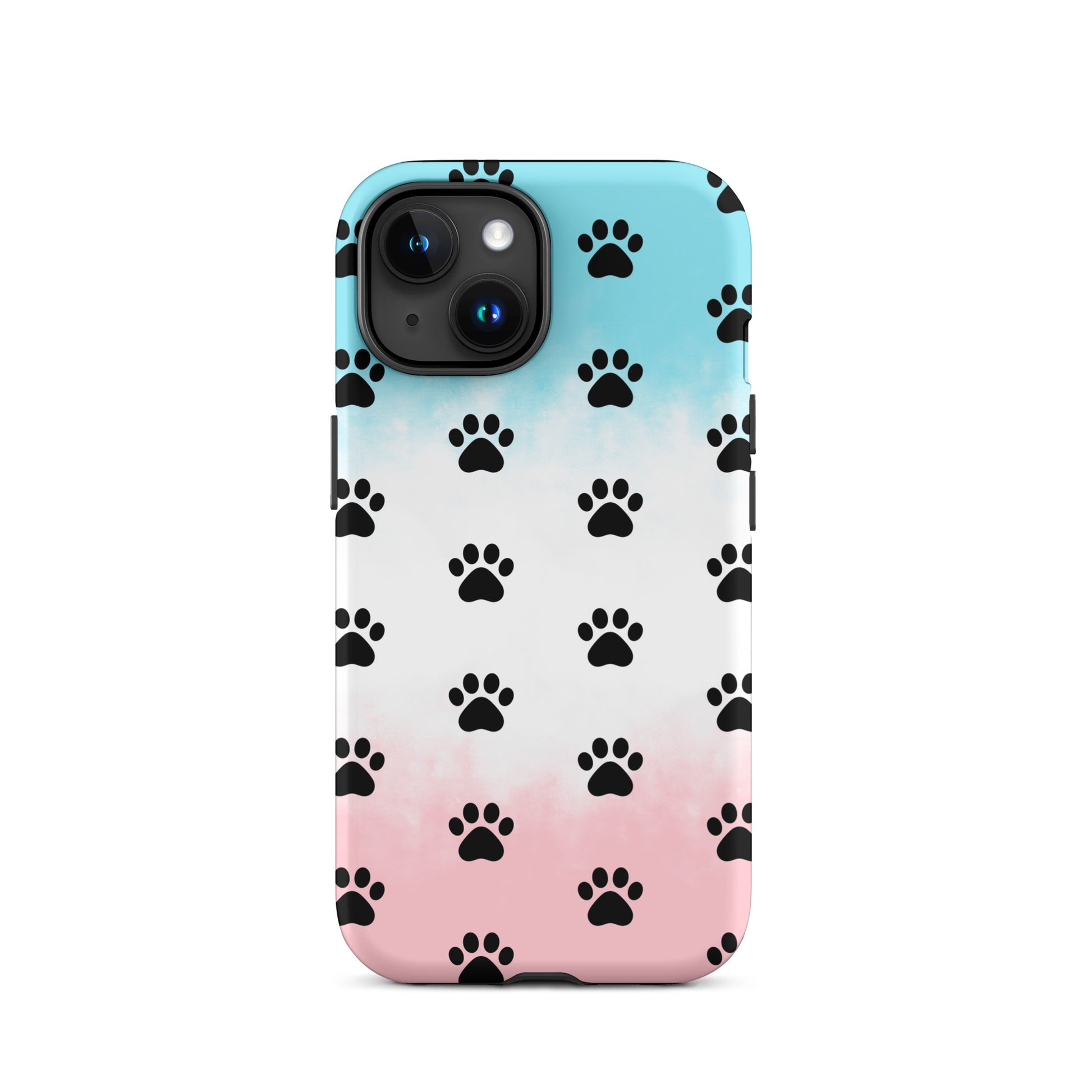 Phone Case for iPhone featuring a playful paw print pattern in black on a gradient background.