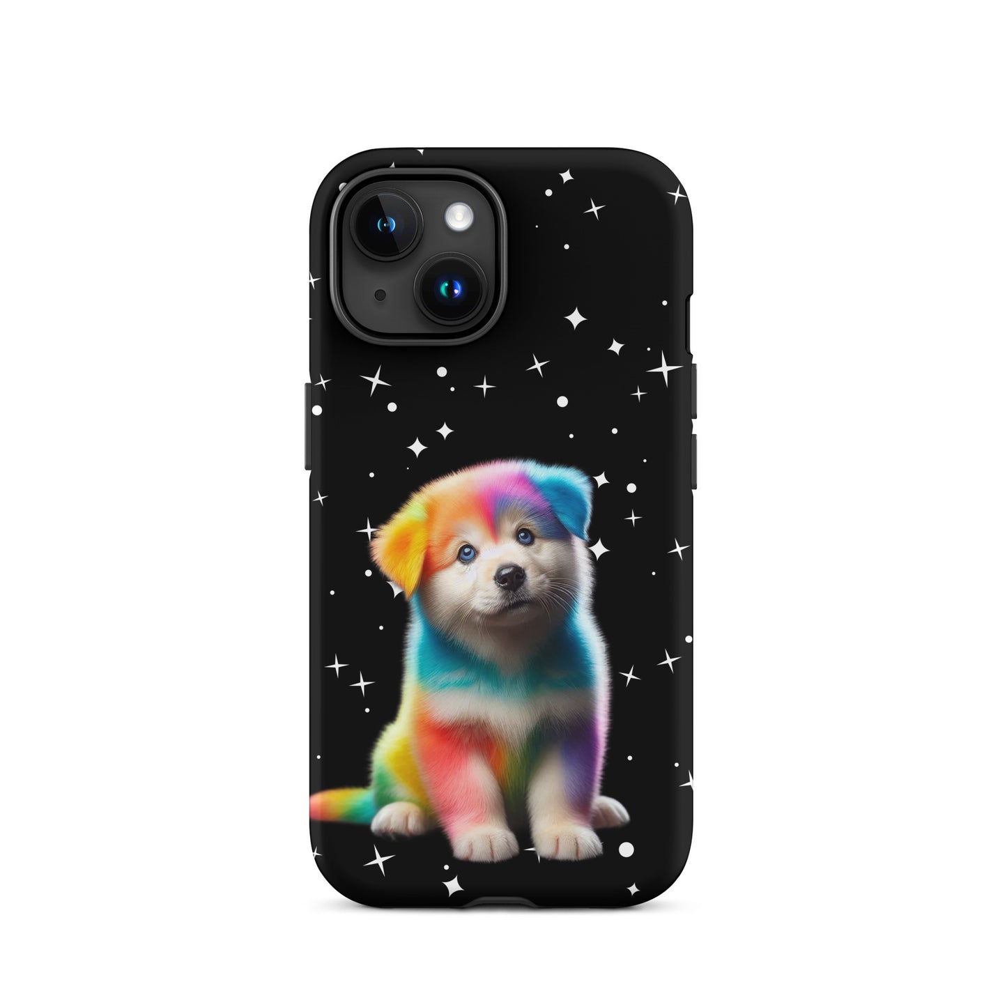 Phone Case featuring a rainbow puppy design on a starry night background, perfect for colorful pet lovers.