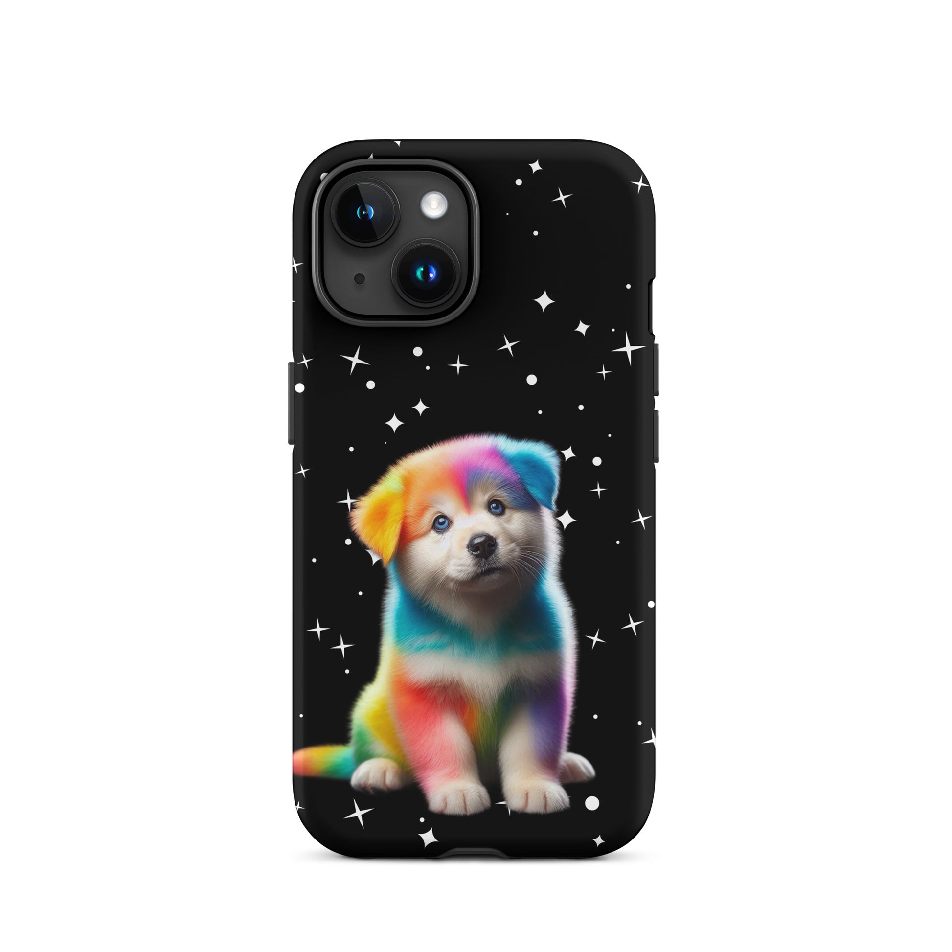 Phone Case featuring a rainbow puppy design on a starry night background, perfect for colorful pet lovers.