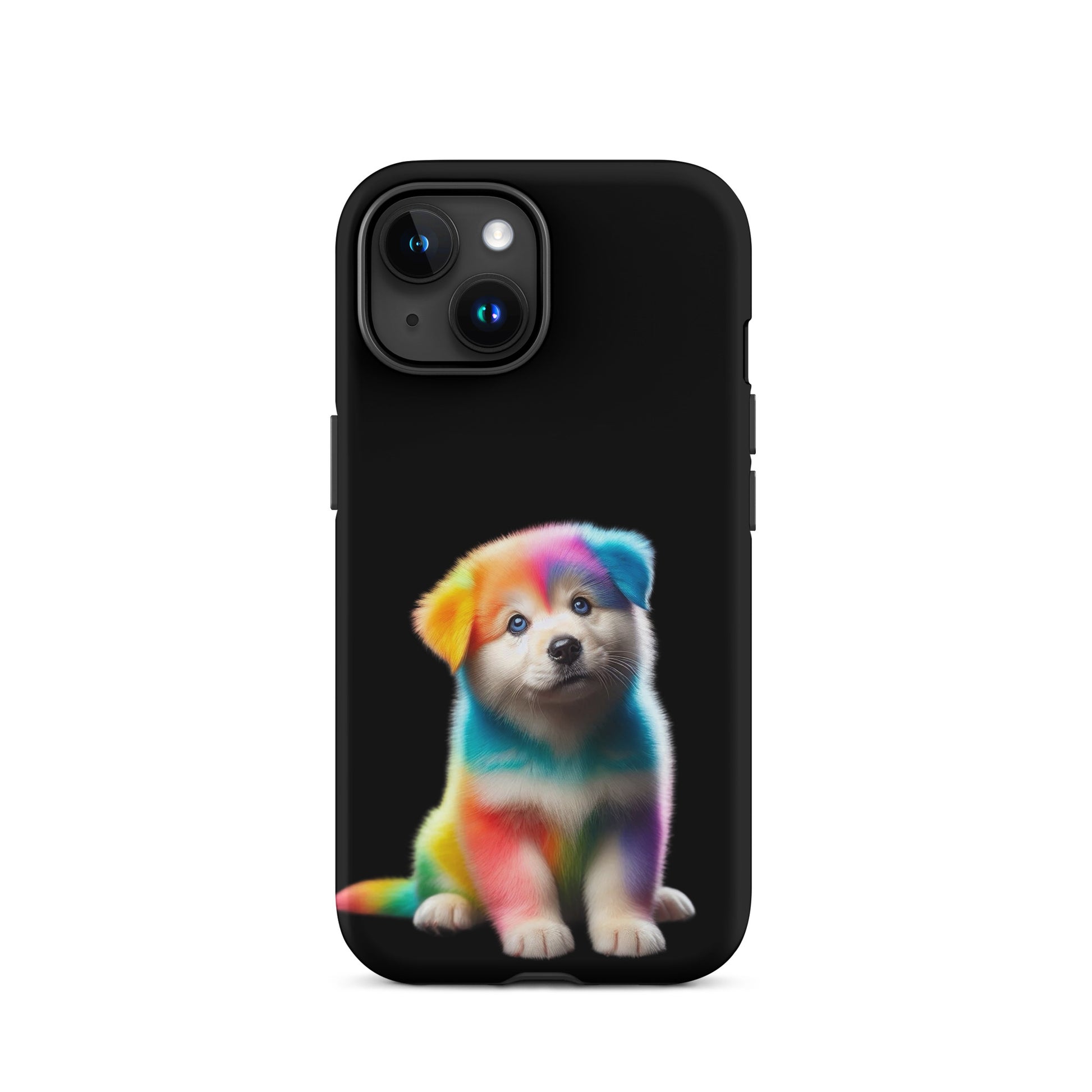 Phone Case for iPhone featuring a colorful rainbow puppy design on a sleek black background.