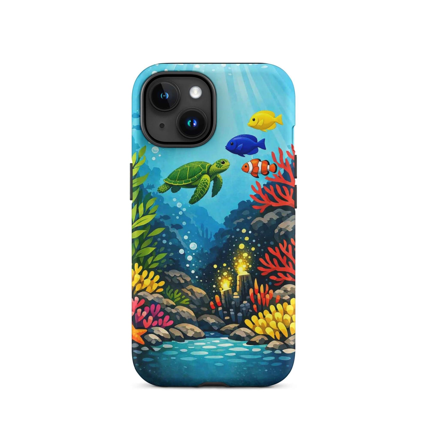 Phone case for iPhone featuring vibrant sea turtle and coral reef design with colorful underwater scenery.