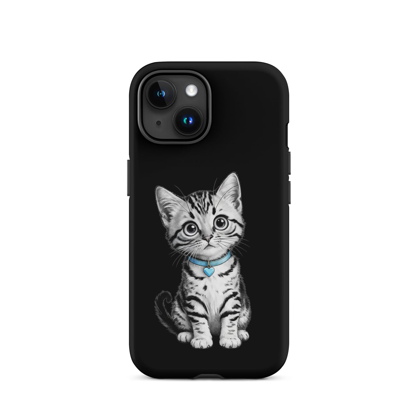 Phone Case for iPhone with kitten sketch and blue heart charm, featuring pencil-sketch kittens in black-and-white. Premium protection and charm.