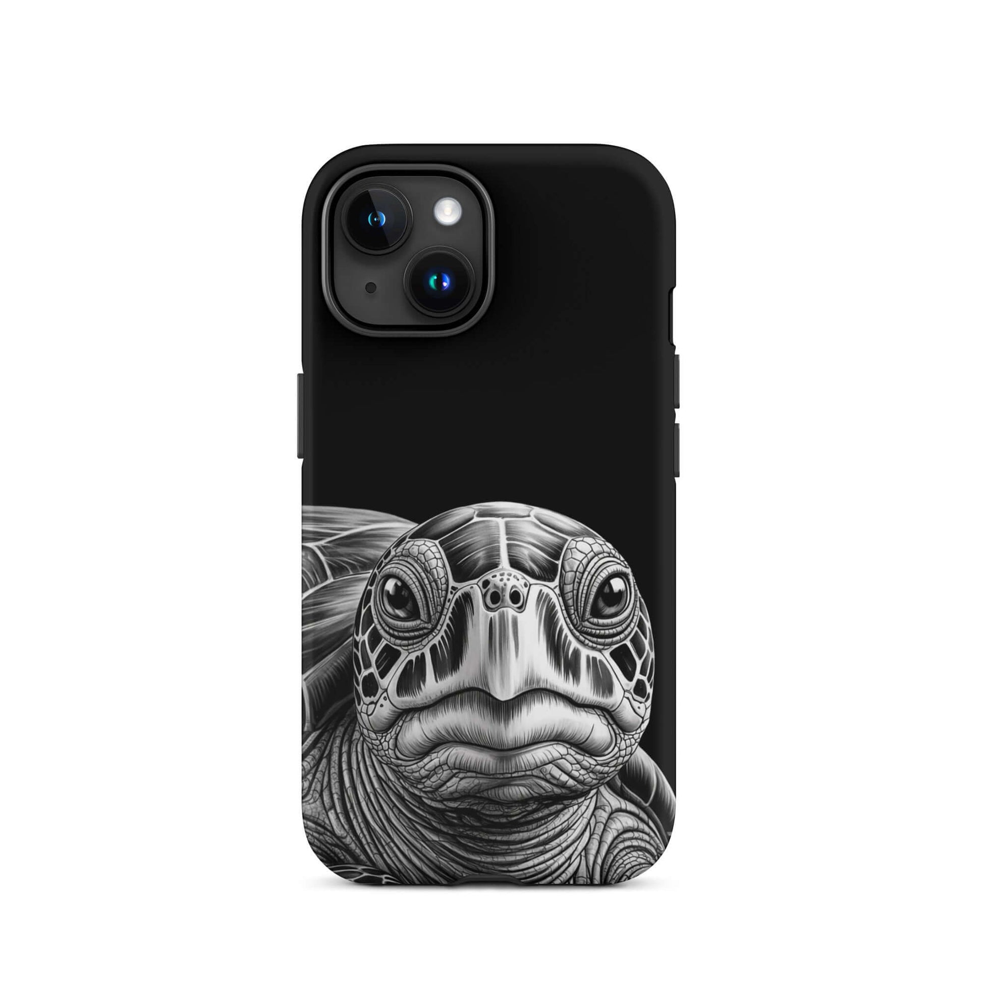 Phone Case with ancient sea turtle art in black-and-white pencil sketch, designed for iPhone, showcasing intricate and realistic turtle details.