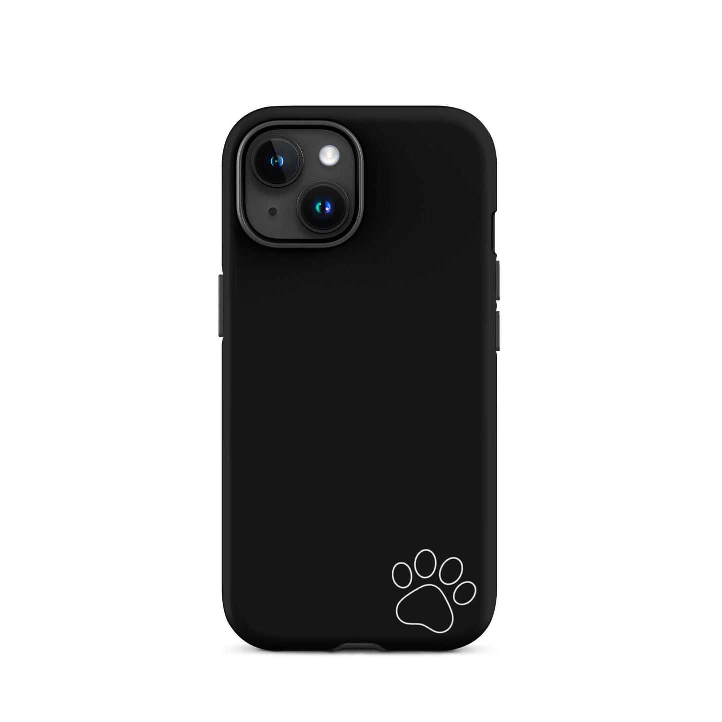 Black Phone Case for iPhone with white paw print design, minimalist style, and sleek protective Tough Case.