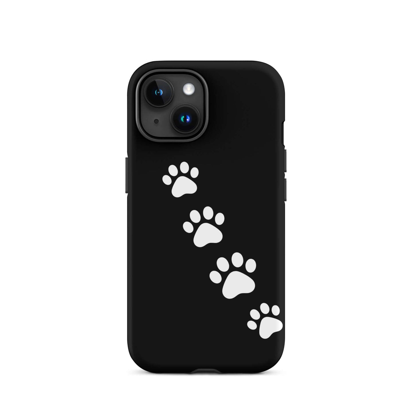 Phone case with paw-print design for pet lovers, featuring sleek black background and white paw prints diagonally across the case.