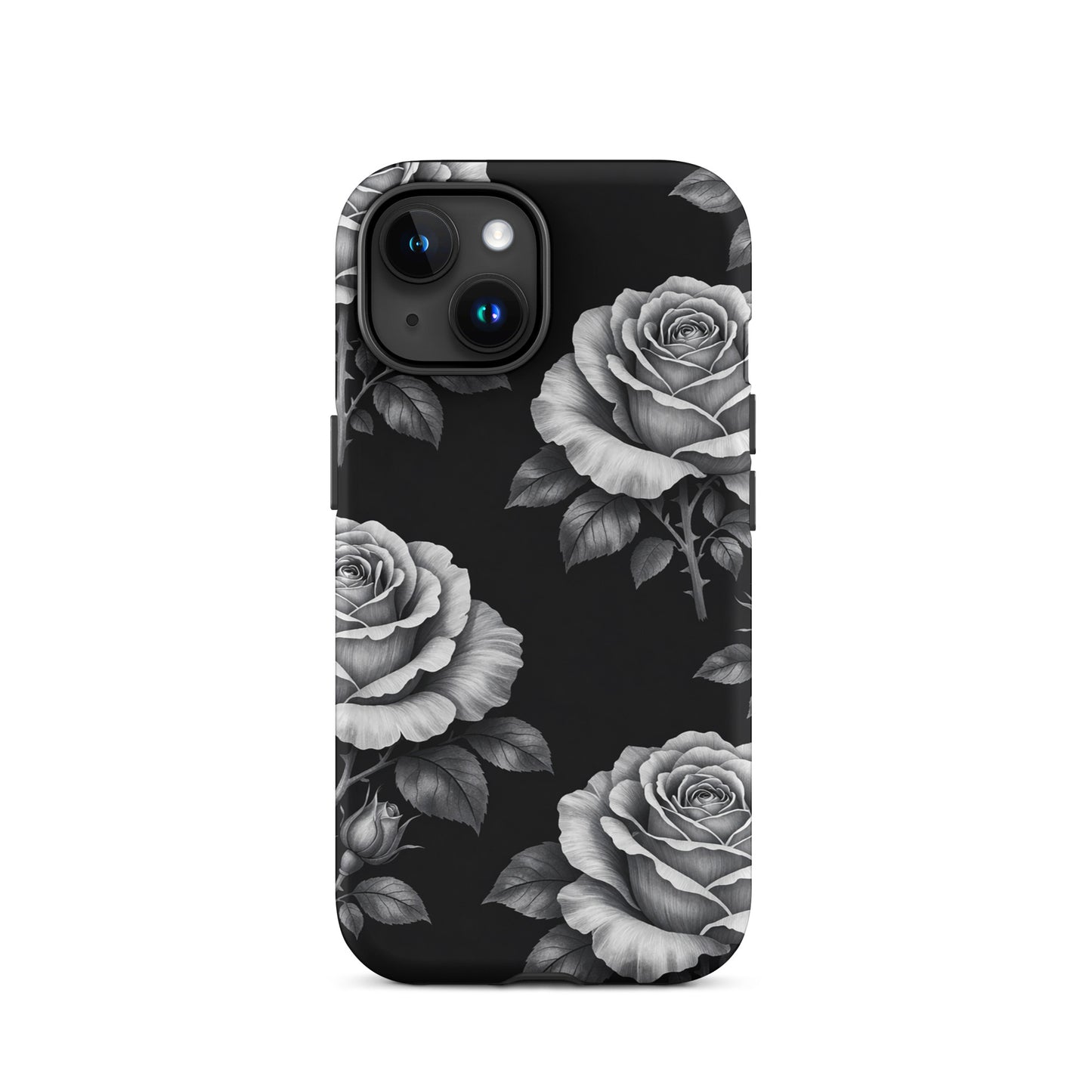 Phone Case for iPhone with rose garden design on black background, featuring hand-sketched pencil-stencil style roses and leaves.