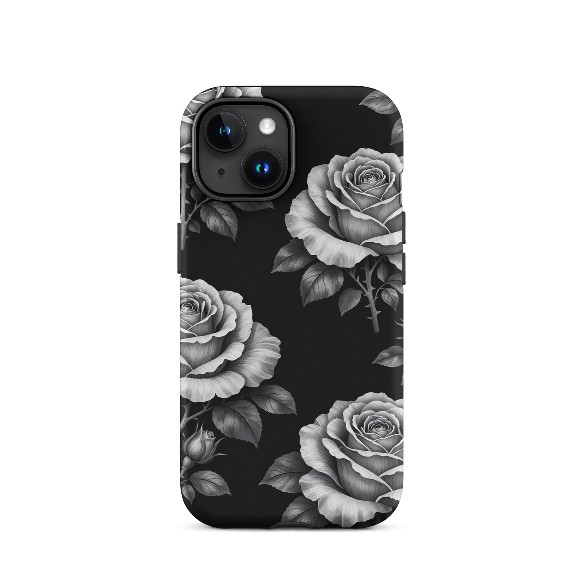 Phone Case for iPhone with rose garden design on black background, featuring hand-sketched pencil-stencil style roses and leaves.