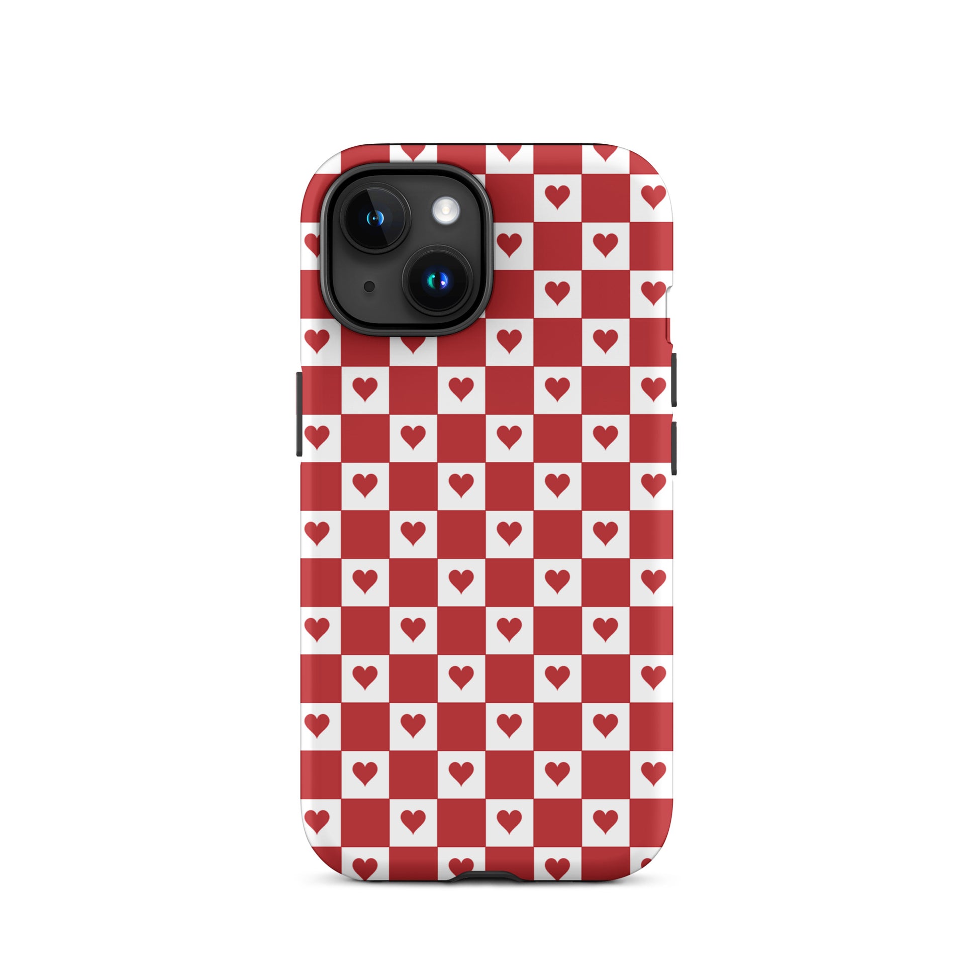 Phone Case for iPhone with cute red heart checkered design, featuring red and white squares with tiny crimson hearts.