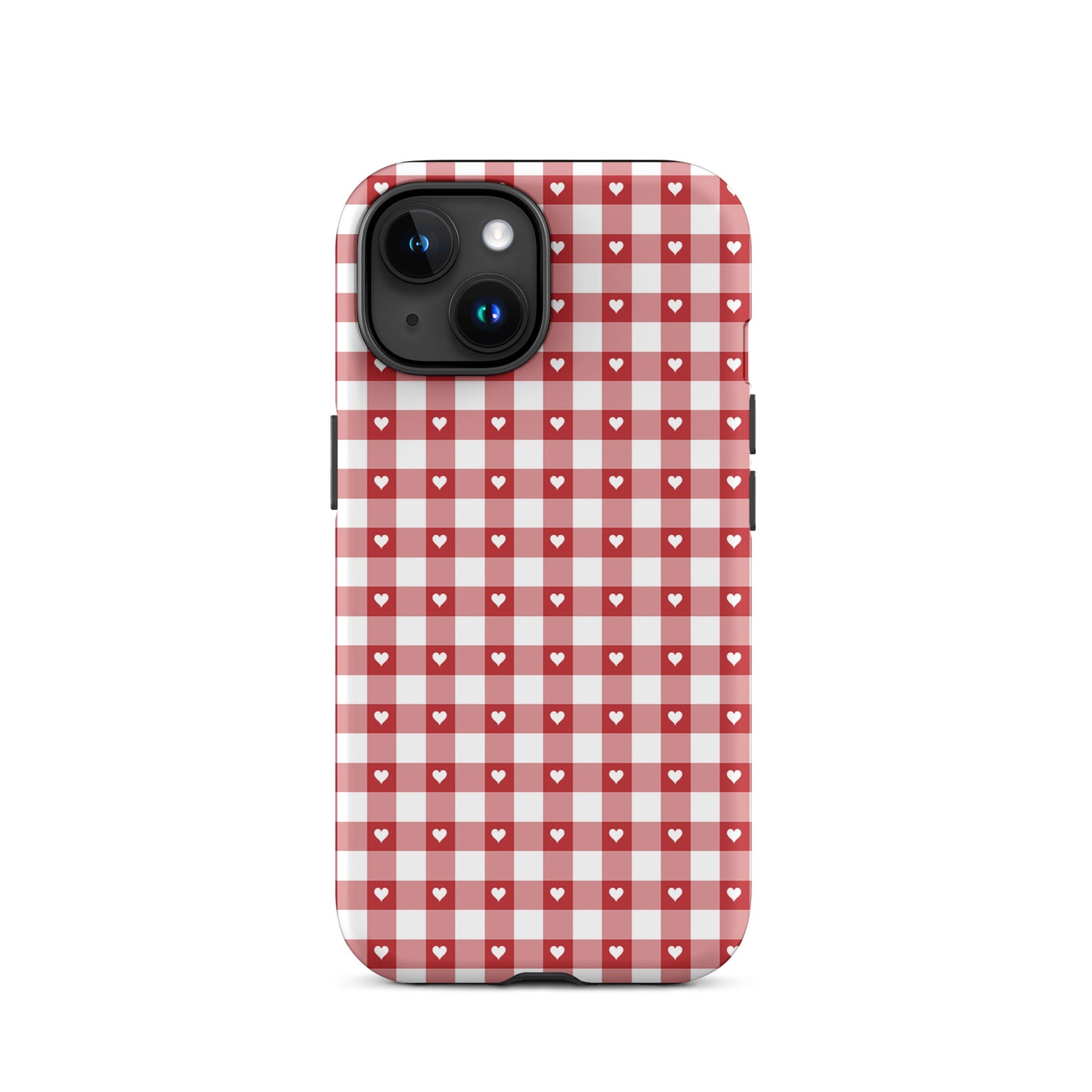 Phone Case with red-and-white gingham pattern and white hearts for iPhone, offering style and protection.