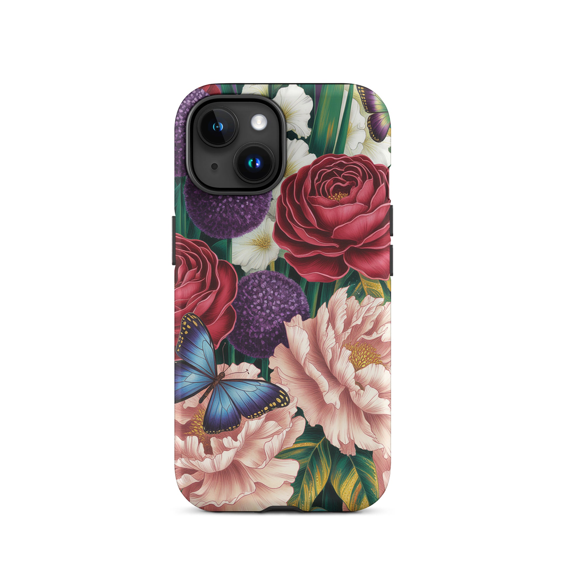 Phone Case for iPhone featuring botanical garden bloom with roses, peonies, alliums, and butterflies in vibrant colors.