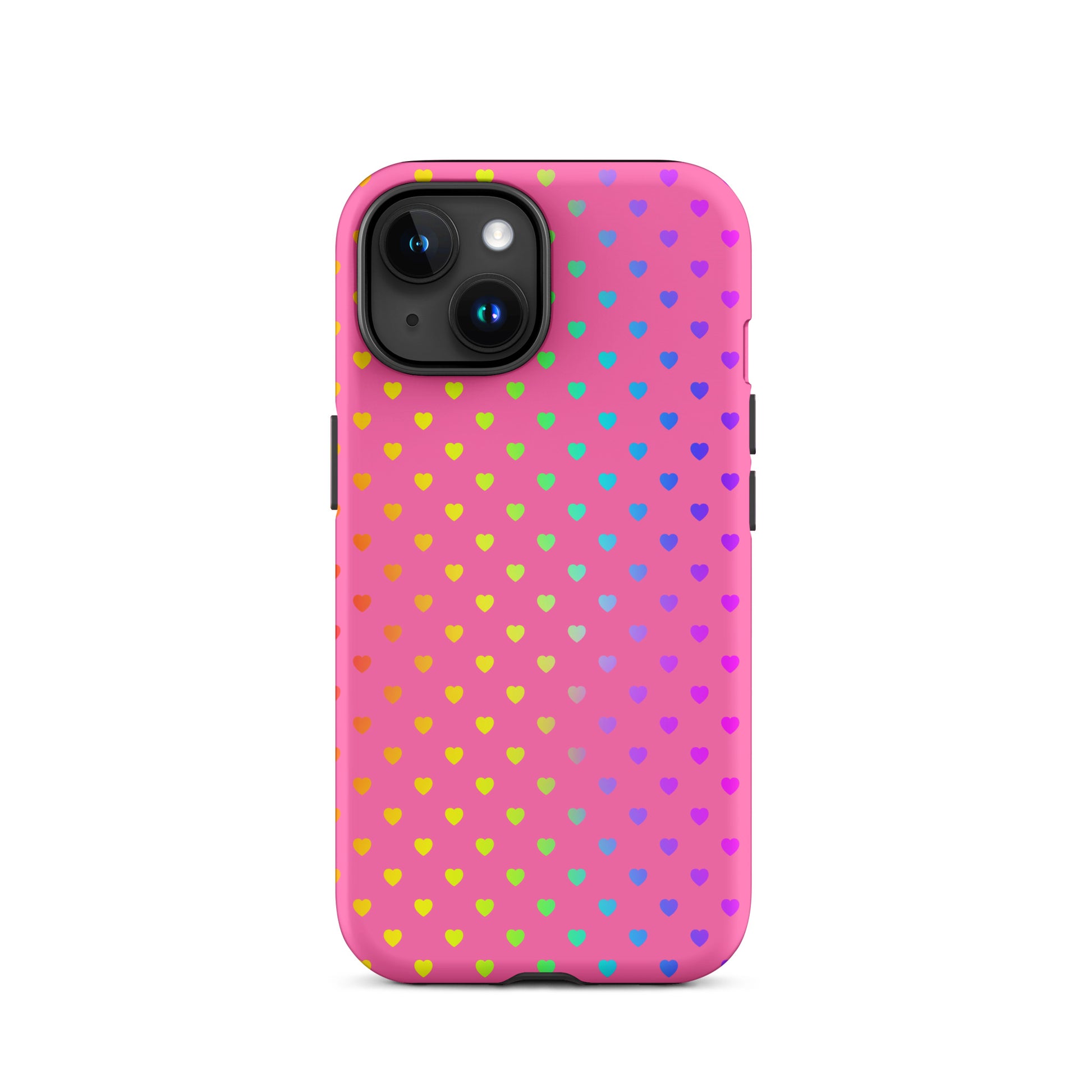 Phone Case for iPhone with rainbow hearts on pink background