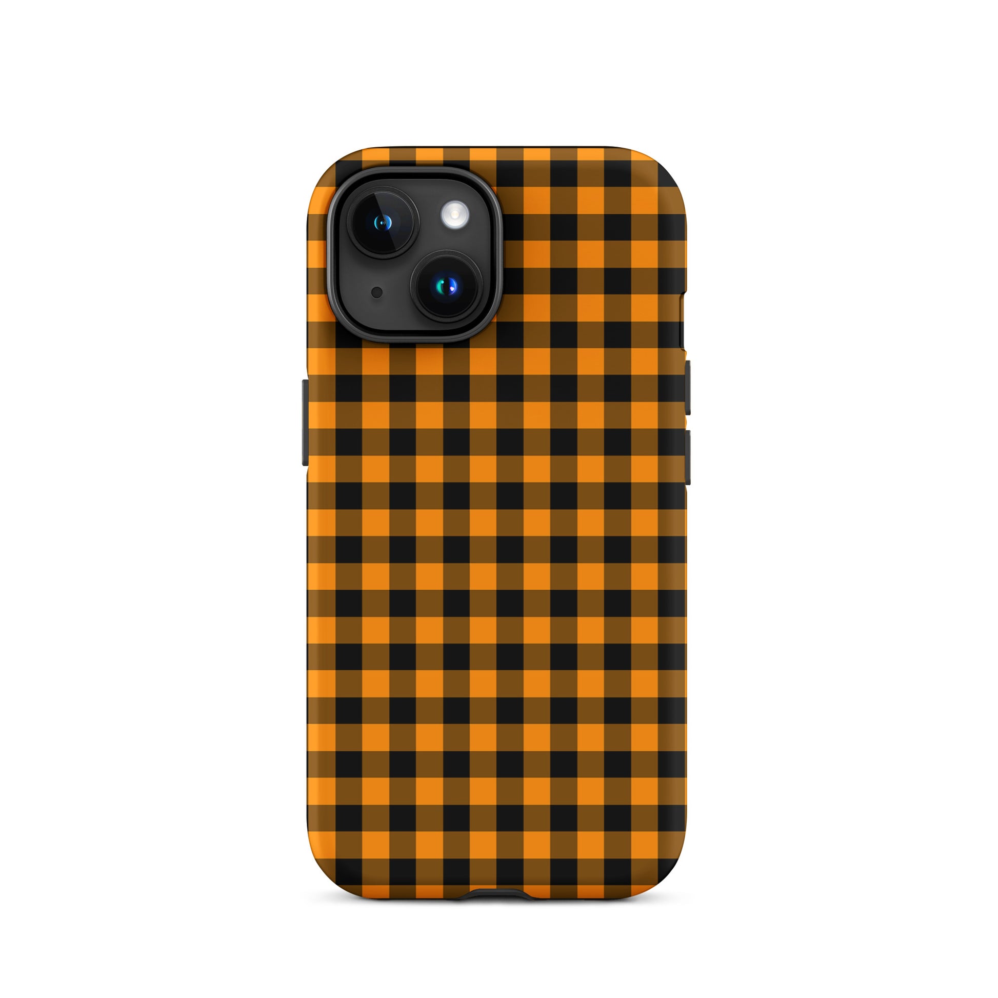Black-and-orange gingham phone case for iPhone showcasing autumn theme with chic design and durable luxury.