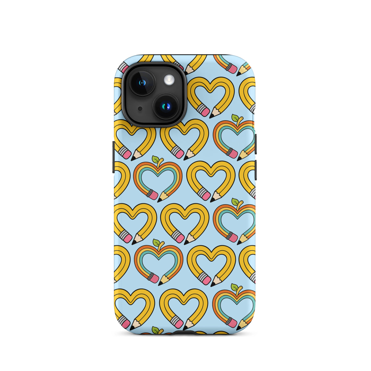 Phone Case with playful pencil-heart pattern on blue background, featuring green leaf details for iPhone, ideal for back-to-school charm.