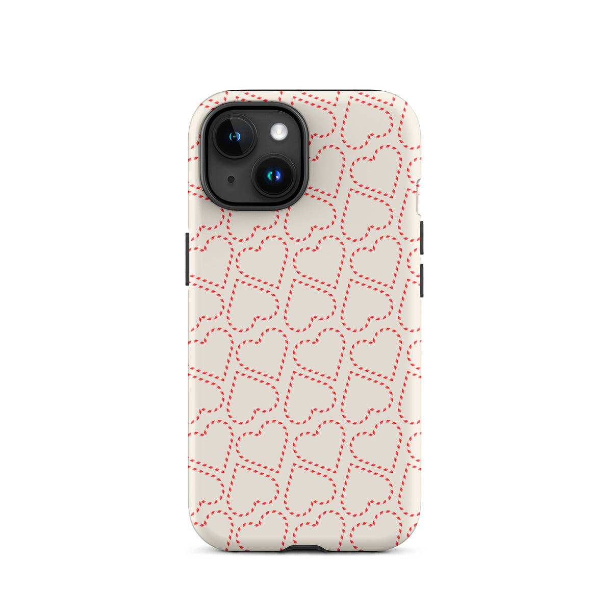 Phone Case for iPhone with candy cane heart pattern, festive red and white stripes on cozy cream background, holiday-themed design.