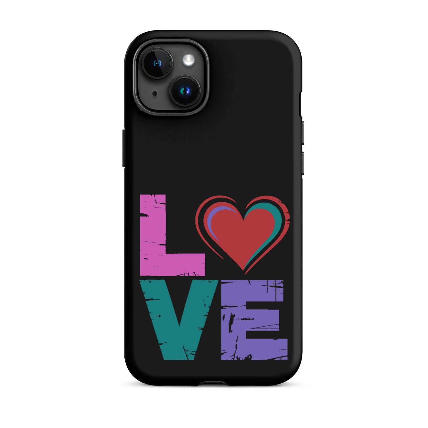 Love Tough Dual Layered Case for iPhones featuring colorful 'LOVE' design with heart on a black background.