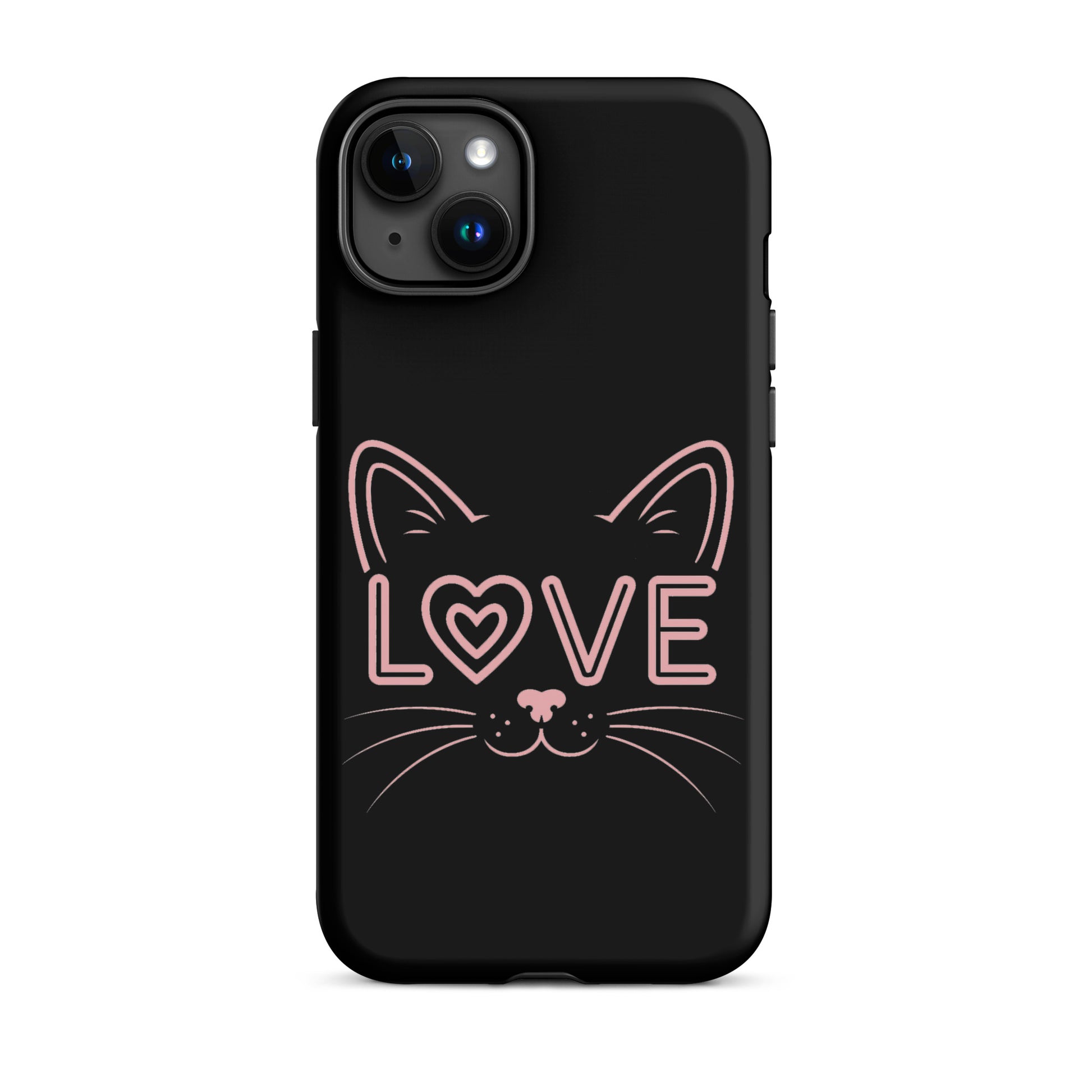 Cat Love phone case featuring minimalist cat face design with love graphic, stylish and protective for iPhone.
