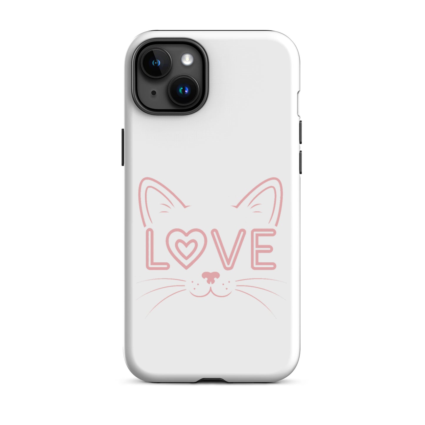 Cat Love phone case featuring a minimalist cat face and the word 'love' in a stylish design.