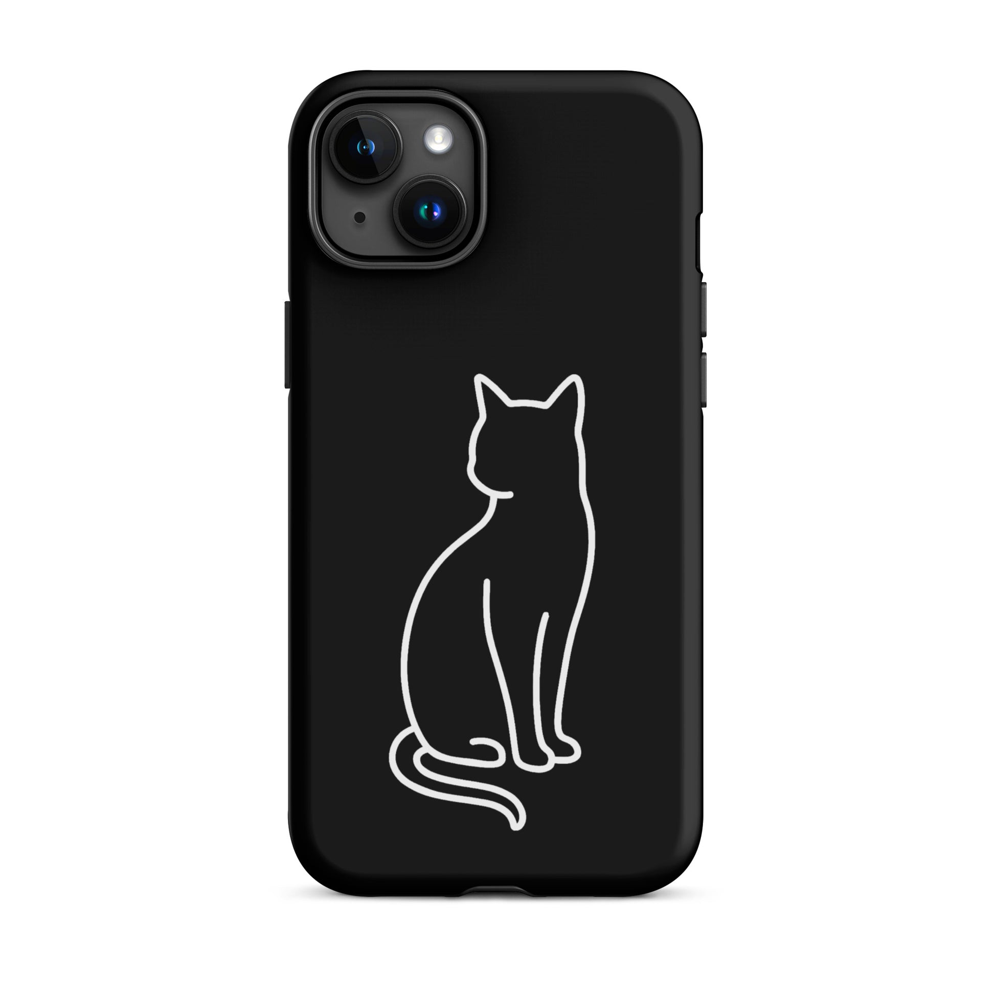 Phone Case for iPhone featuring a minimalist outline of a sitting cat on a sleek black background.