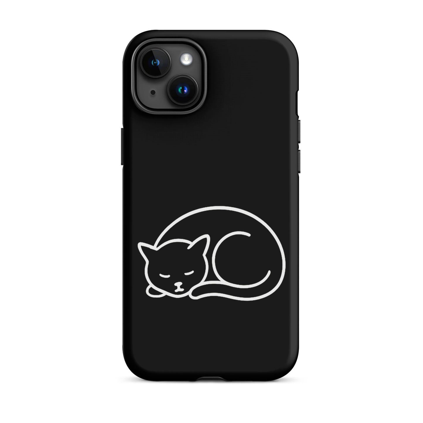 Phone case for iPhone featuring a minimalist curled-up cat design on a black background.