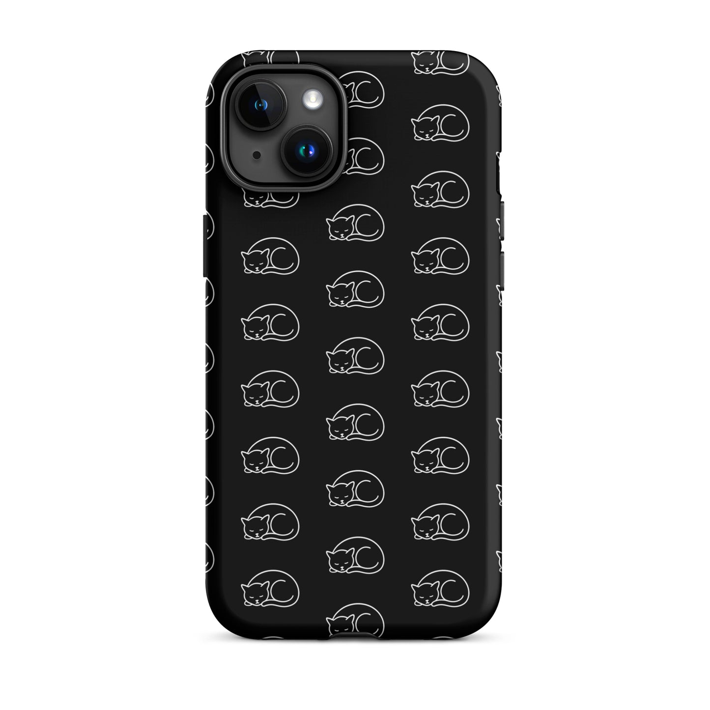 Phone case featuring curled-up cat pattern on a black background for cat lovers.