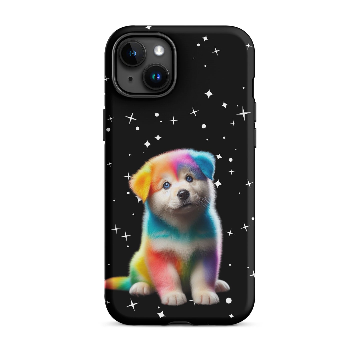 Phone Case featuring a colorful rainbow puppy against a starry night background, perfect for bold pet lovers.
