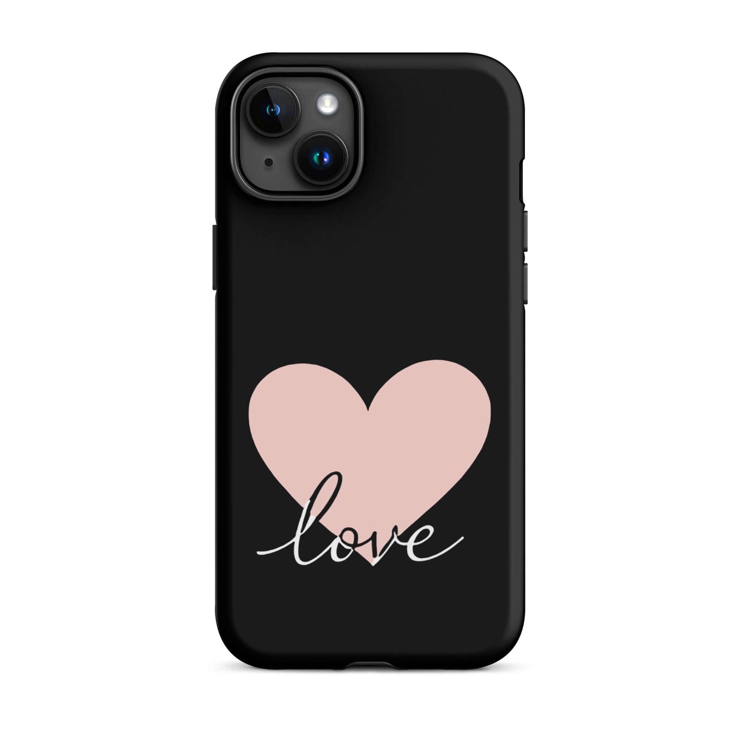 Phone Case for iPhone featuring a heart and script 'love' design on a sleek black background.