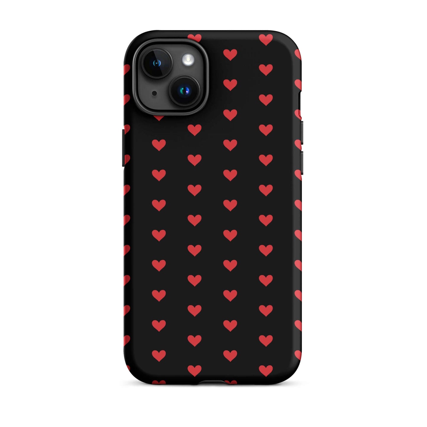 Phone Case featuring fiery red hearts on a black background, combining bold design and durability.