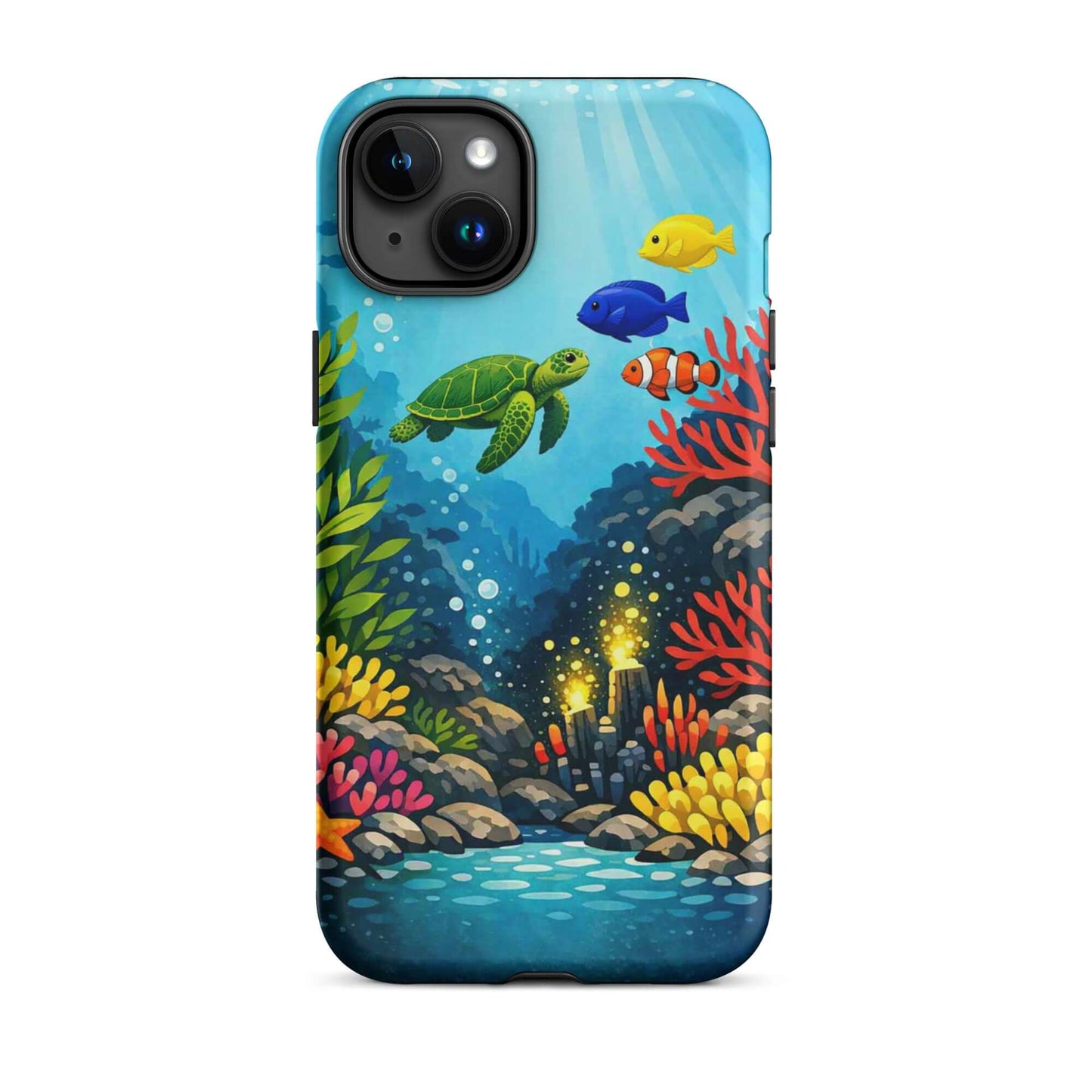 Phone case for iPhone featuring vibrant sea turtle and coral reef artwork.