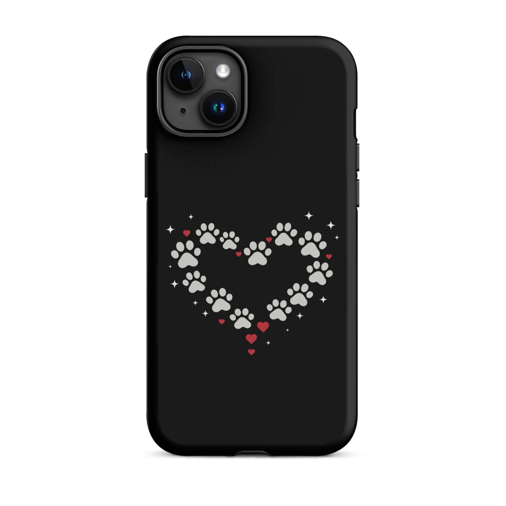 Phone Case for iPhone featuring a paw-print heart design on a black background, perfect for pet lovers.