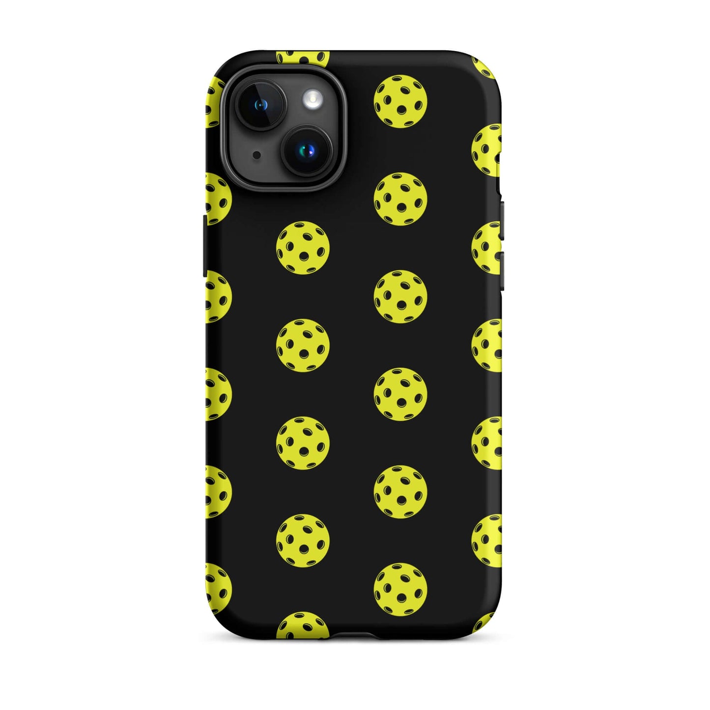 Phone Case featuring a playful pickleball pattern on a sleek black background, perfect for sporty style.