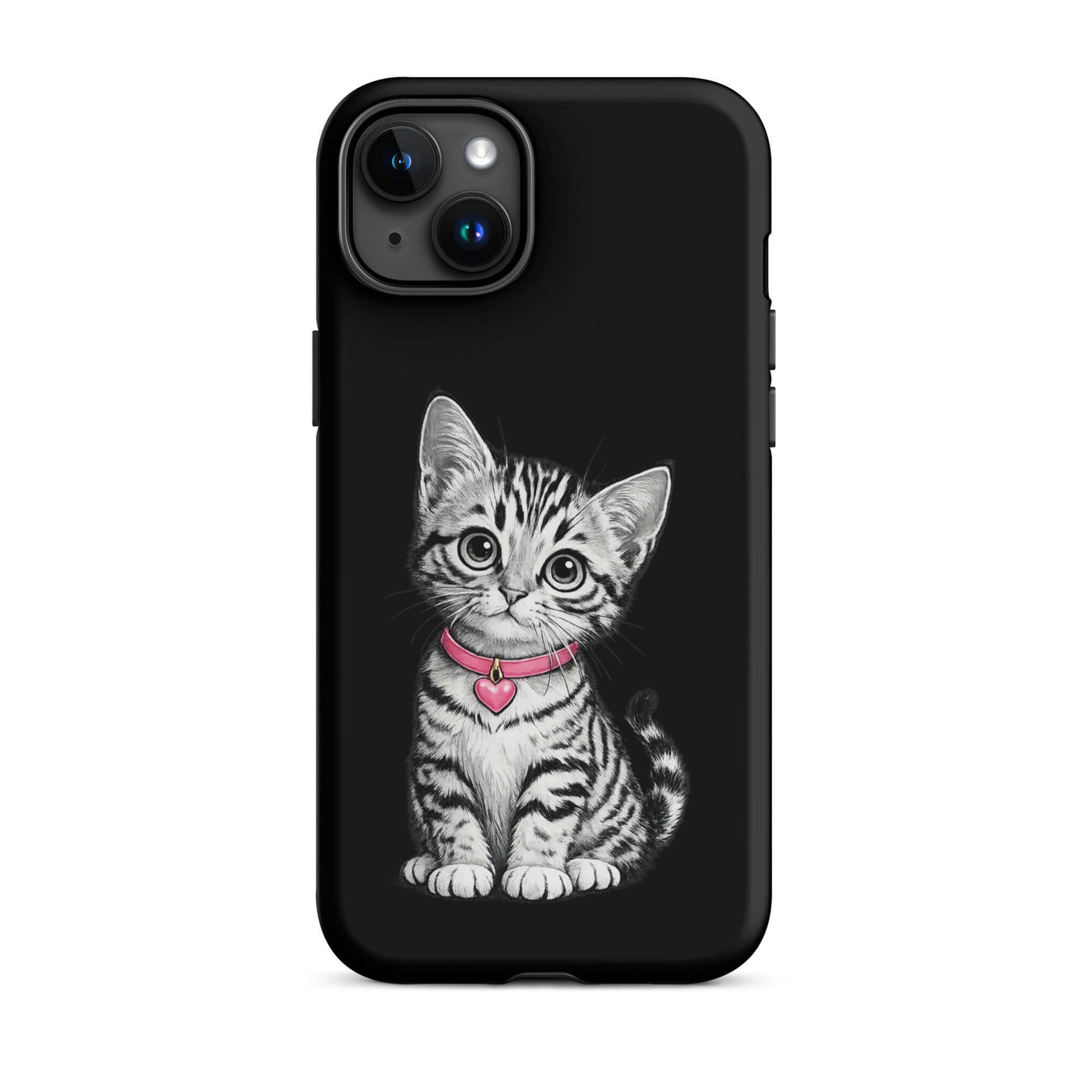 Phone Case for iPhone with pencil sketch kitten and pink heart charm on black background.
