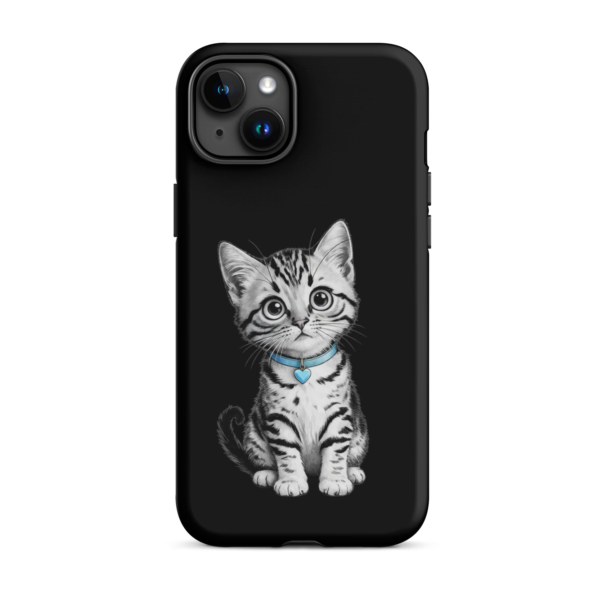Phone Case for iPhone featuring a pencil sketch of a kitten with a blue collar and heart charm on a black background.