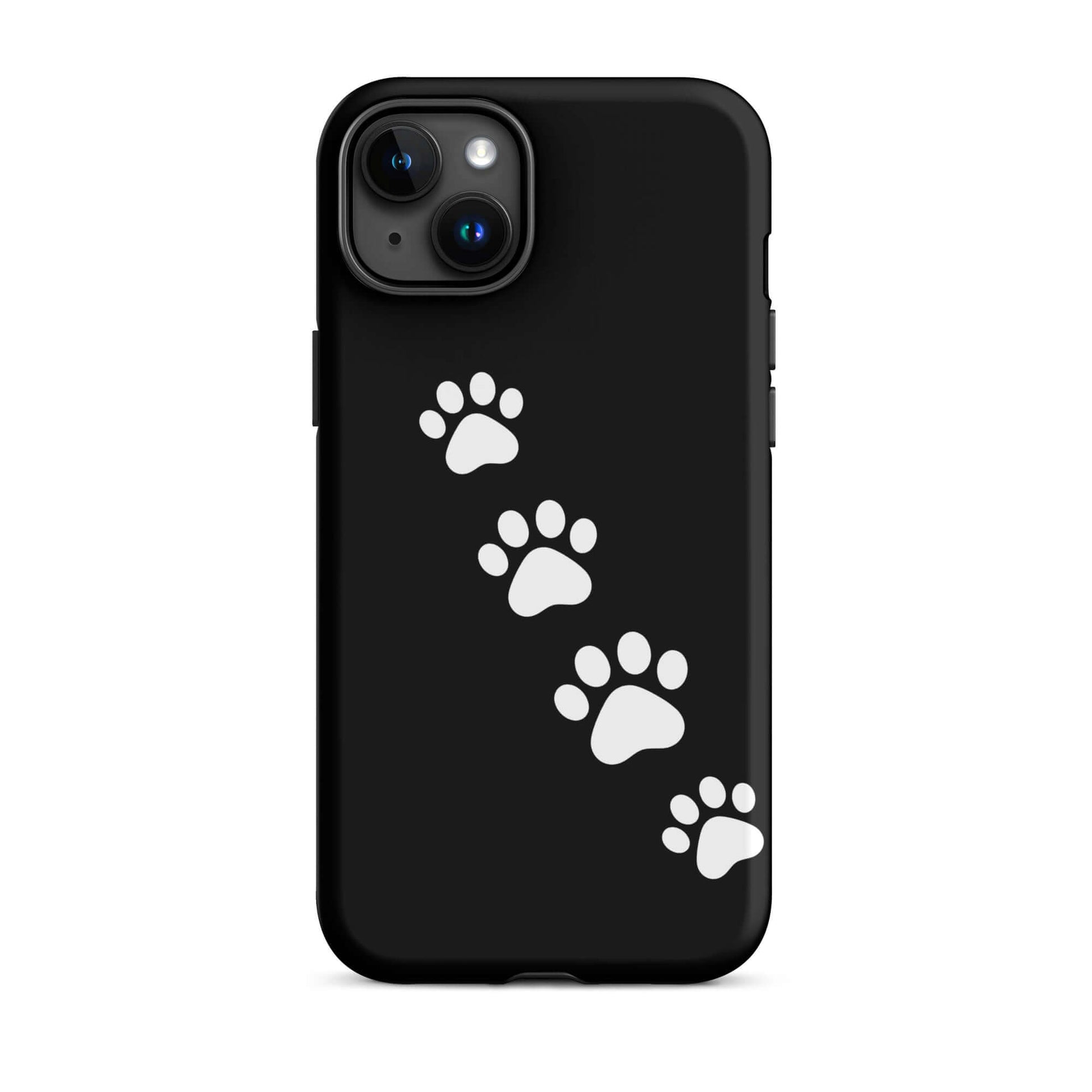 Phone case with white paw-print trail design, perfect for playful pet lovers and compatible with iPhone models.