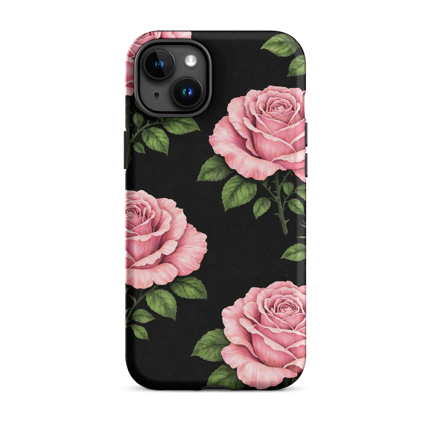Phone Case featuring a pink rose garden design on a black background for iPhone with lush green leaves and pencil-stencil style roses.