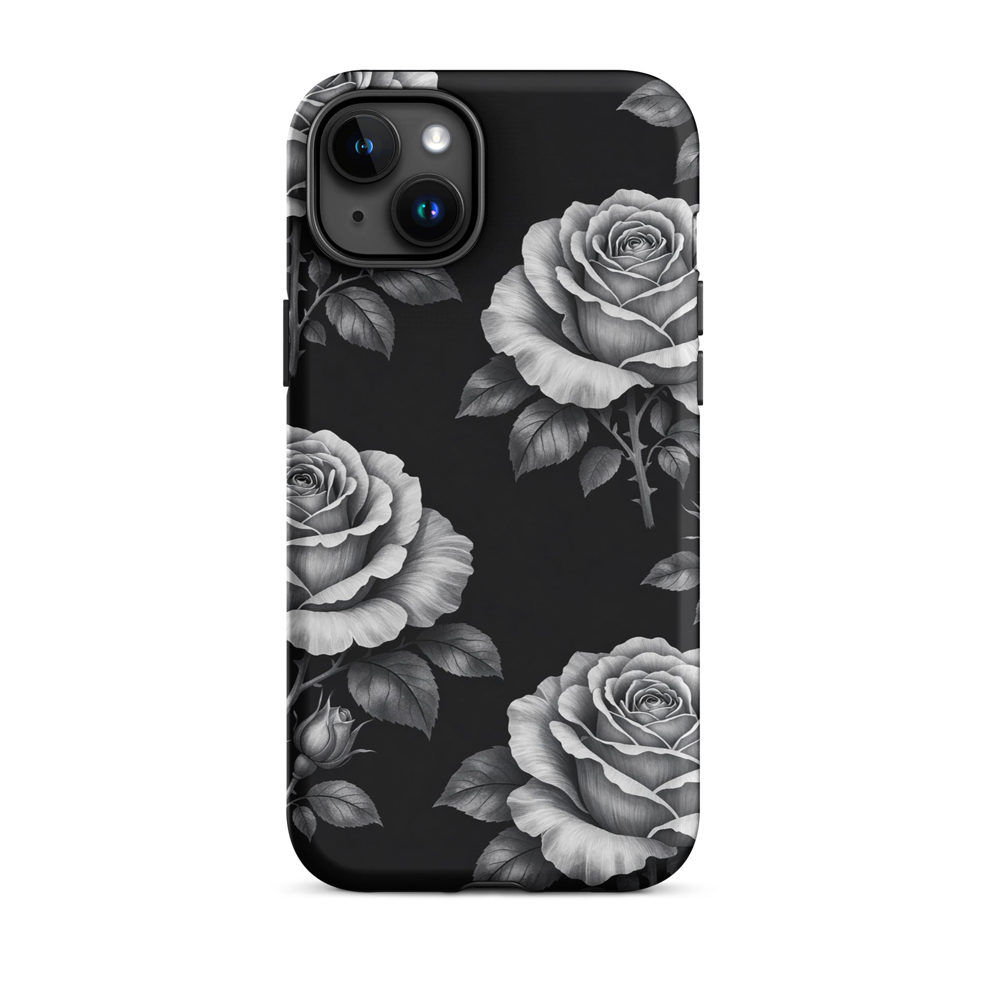 Phone Case for iPhone with black background and rose garden design in pencil-sketch style, combining elegance and durability.
