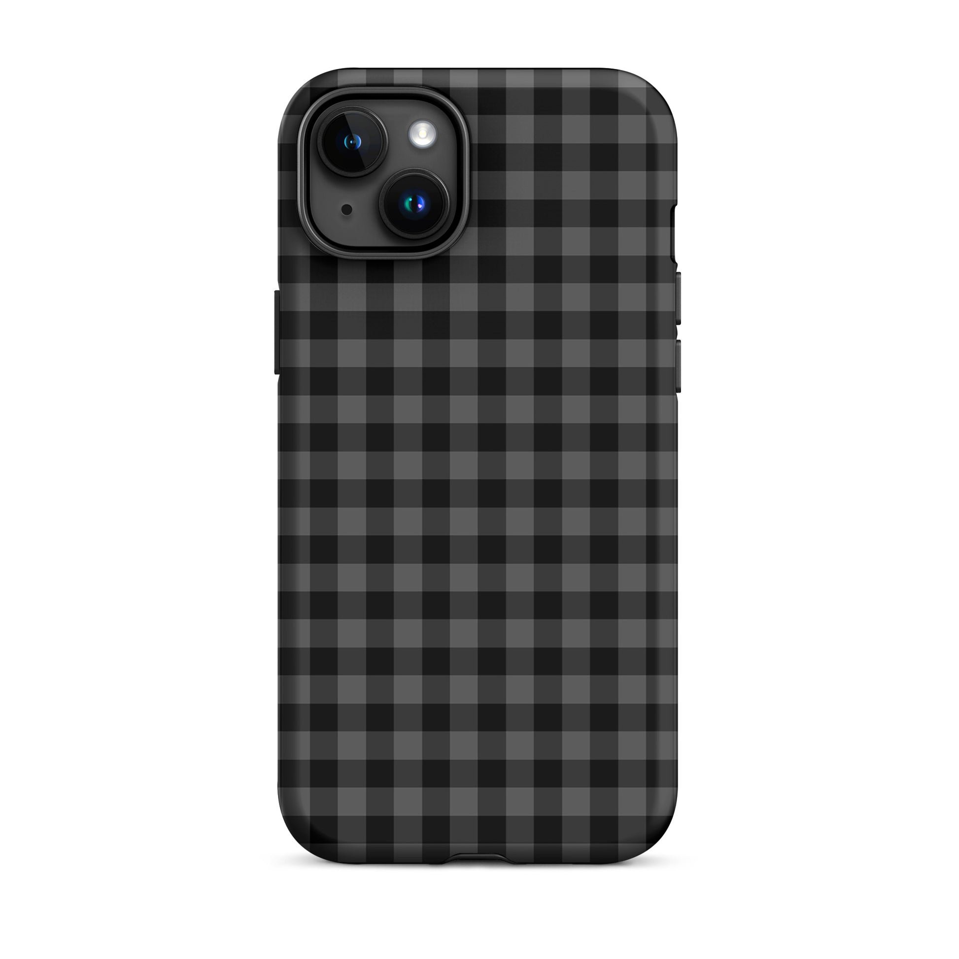 Phone Case for iPhone with modern black and charcoal gingham pattern, offering style and protection in a chic, durable design.