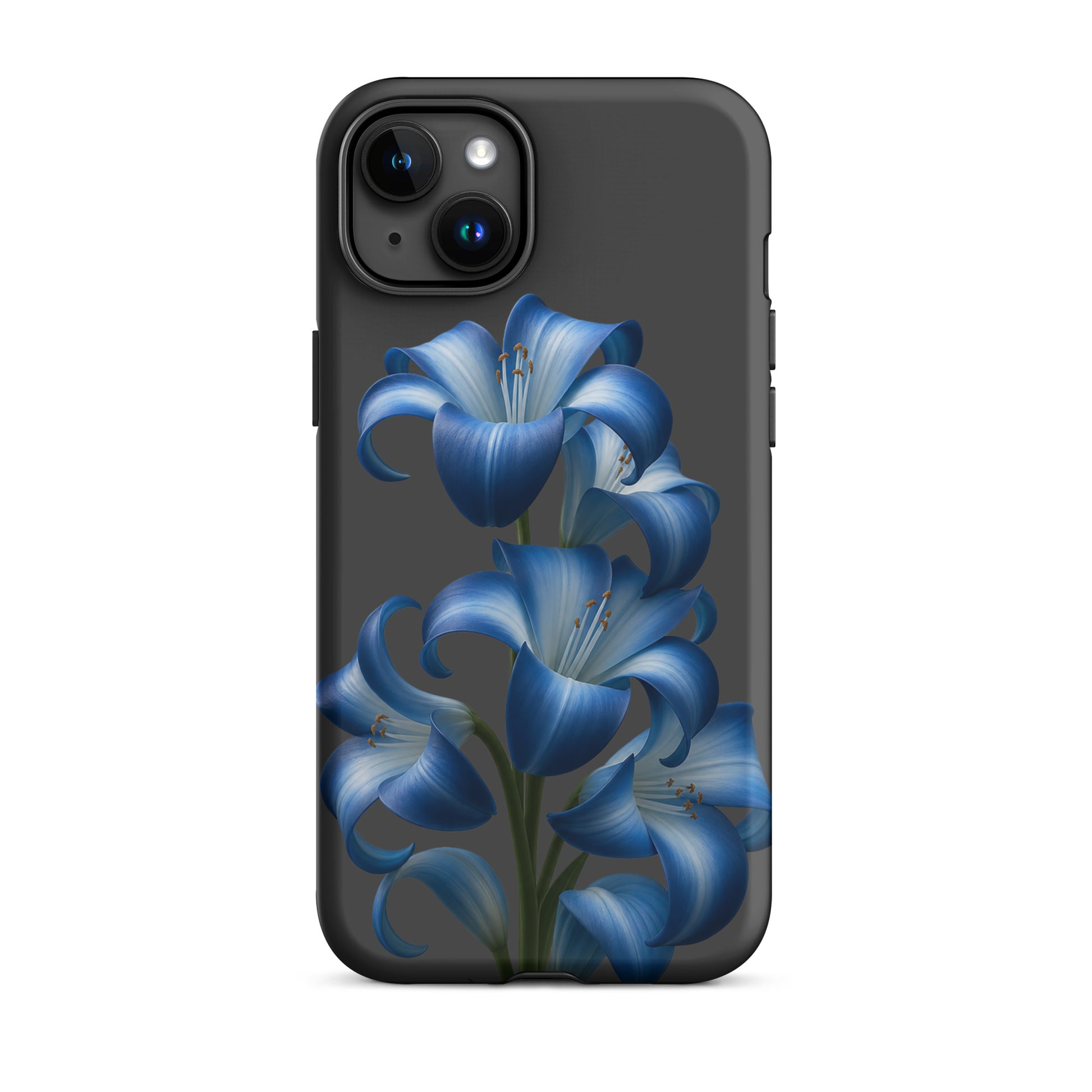 Phone Case for iPhone featuring blue lily bloom art with a dark background, designed for a tough finish and stylish protection.